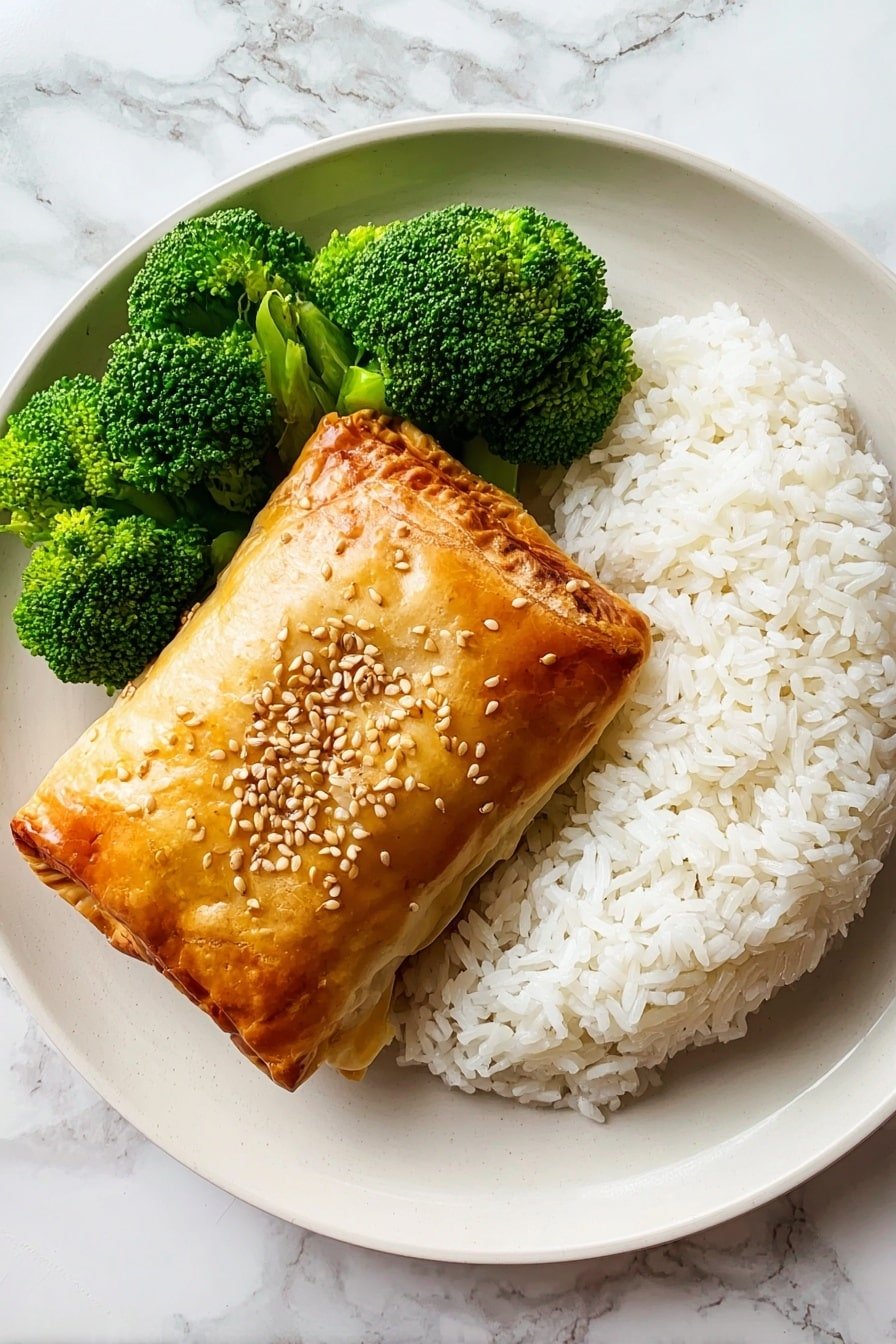 This image shows a close-up of two stacked pieces of a pastry-wrapped salmon dish on a white plate with a white marbled surface. The dish has multiple layers: the top and bottom layers are thin, golden, and flaky pastry with crispy edges. Inside, there is a thick, pink salmon fillet with a moist and flaky texture. Between the salmon and the pastry, there is a creamy white sauce mixed with green herbs, adding a soft and slightly chunky layer. The background includes blurred window light and a green plant in a white pot. The photo taken with an iphone --ar 2:3 --v 7