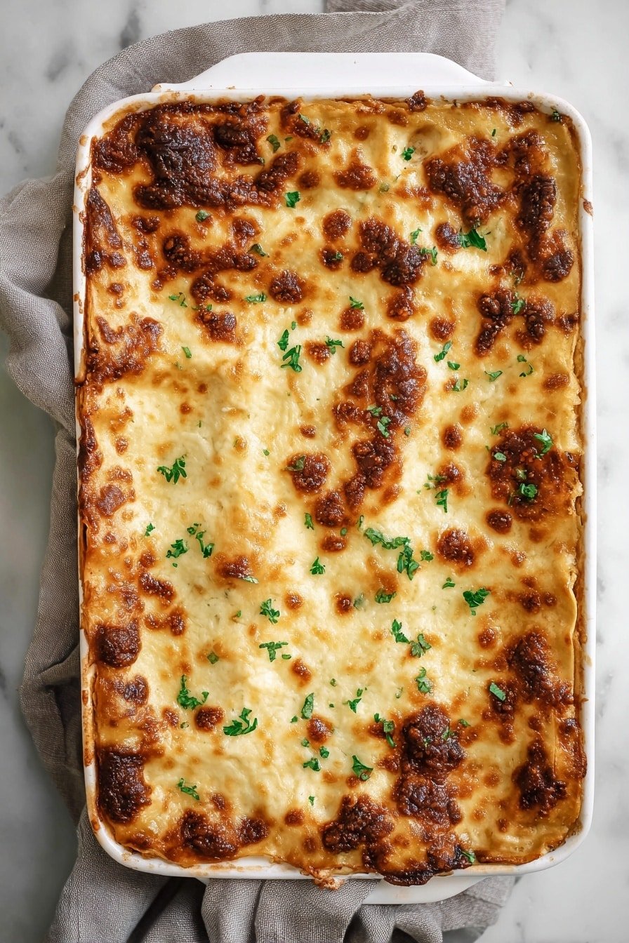 The image shows a rectangular white baking dish filled with a layered lasagna. The top layer is golden brown with browned, bubbly cheese spots and slightly crispy edges. Small bright green parsley pieces are sprinkled lightly across the surface, adding a fresh color contrast. The dish rests on a white marbled surface with a loosely placed grey cloth napkin partly underneath it. The image captures the lasagna from a top-down angle, clearly showing the textured, melted cheese layer on top. Photo taken with an iphone --ar 2:3 --v 7