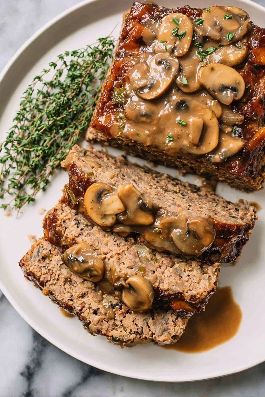 A white plate holds a thick, browned meatloaf with a slightly crispy outer texture and a moist, coarse inside dotted with small pieces of onion and herbs. The meatloaf is sliced into three uneven portions, each covered with a rich, creamy brown mushroom sauce filled with whole and sliced mushrooms, which glisten under the light. To the left side of the plate, there is a small bunch of fresh green thyme sprigs adding a touch of color. The plate rests on a white marbled surface. photo taken with an iphone --ar 2:3 --v 7