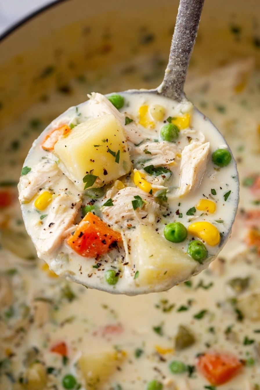 The image shows a close-up of a ladle filled with creamy chicken and vegetable soup held over a pot. The soup has many layers of colors and textures: white creamy broth as the base, chunks of white potato, pieces of light brown chicken meat, bright orange carrots, green peas, yellow corn, and green herbs sprinkled on top. Some black pepper flakes are visible on the surface. The background shows more soup in the pot with the same mix of ingredients, all on a white marbled texture background. Photo taken with an iphone --ar 2:3 --v 7