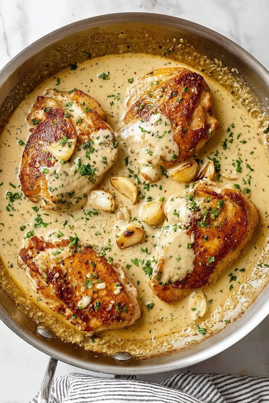 In a silver pan, there are four browned chicken pieces placed evenly across the surface, each covered with a thick creamy sauce. The sauce is light beige with a smooth texture, speckled with small green herbs. Whole cloves of garlic are scattered on top of the chicken, adding a slightly bumpy texture. The edges of the pan show a bit of sauce residue that has bubbled and thickened. The background is a white marbled surface with a black and white striped cloth partially visible at the bottom right corner. photo taken with an iphone --ar 2:3 --v 7