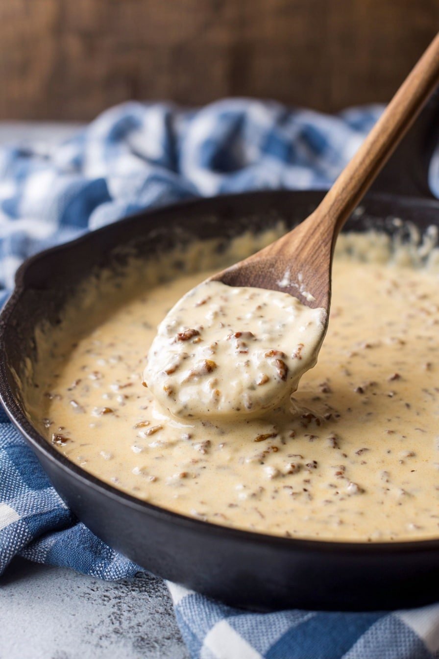 A close-up view of a creamy beige sauce with small brown bits throughout, held in a black skillet. A wooden spoon is dipped into the sauce, lifting a scoop to show its thick and smooth texture mixed with ground pieces. The skillet sits on a white marbled surface, with a blue and white checkered cloth nearby. The background is softly blurred in warm brown tones. photo taken with an iphone --ar 2:3 --v 7