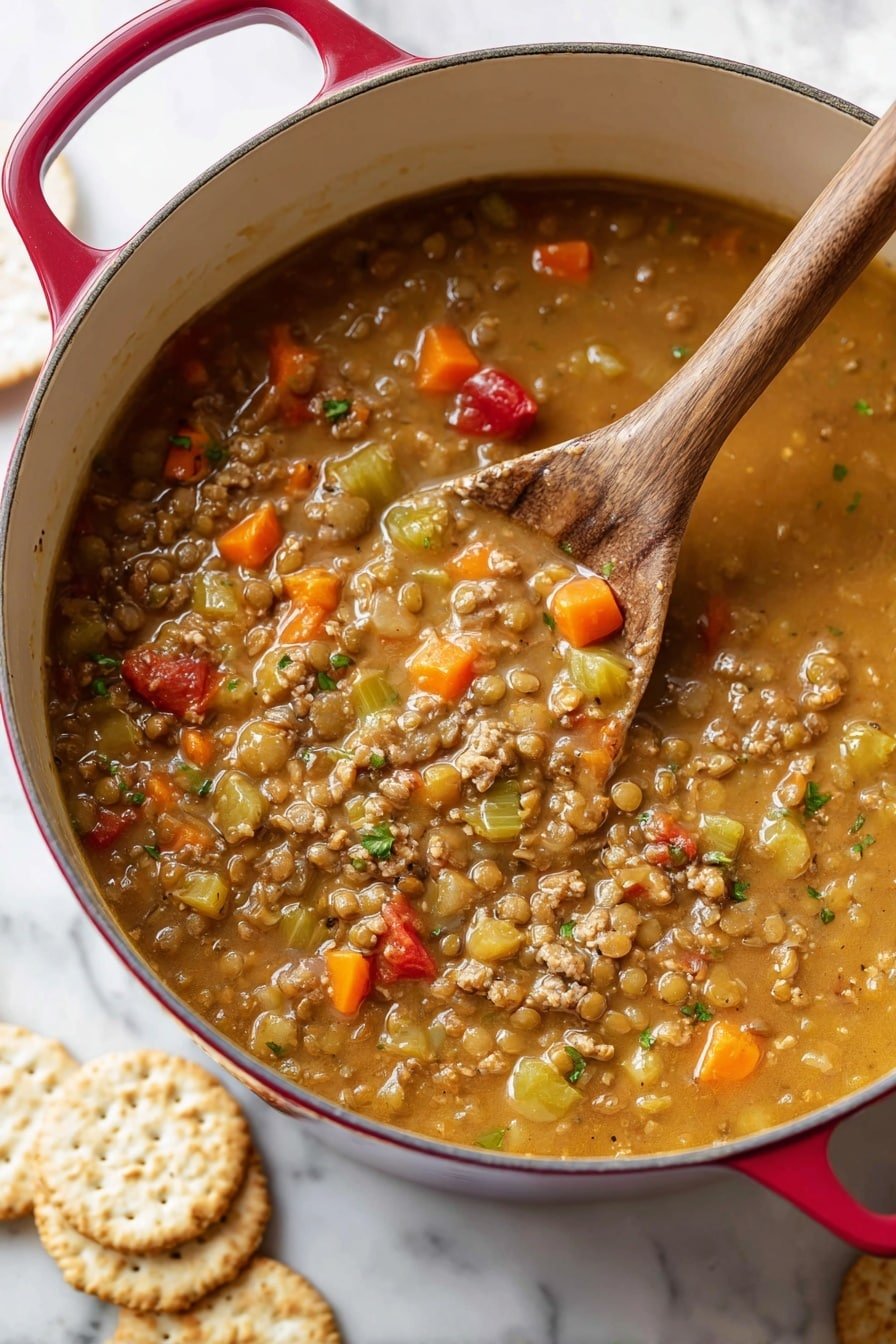 A large white pot filled with thick, chunky soup that has about three main layers: the base broth which is light brown and slightly creamy, a mix of small green lentils and ground meat spread throughout, and visible pieces of vegetables like diced orange carrots, light green celery, and red tomatoes floating in the soup. A wooden spoon with a smooth round bowl is resting in the pot, scooping up some of the soup. The pot has red handles and sits on a white marbled surface. Nearby, round crackers with a light golden color and rough texture are partly visible. Photo taken with an iphone --ar 2:3 --v 7