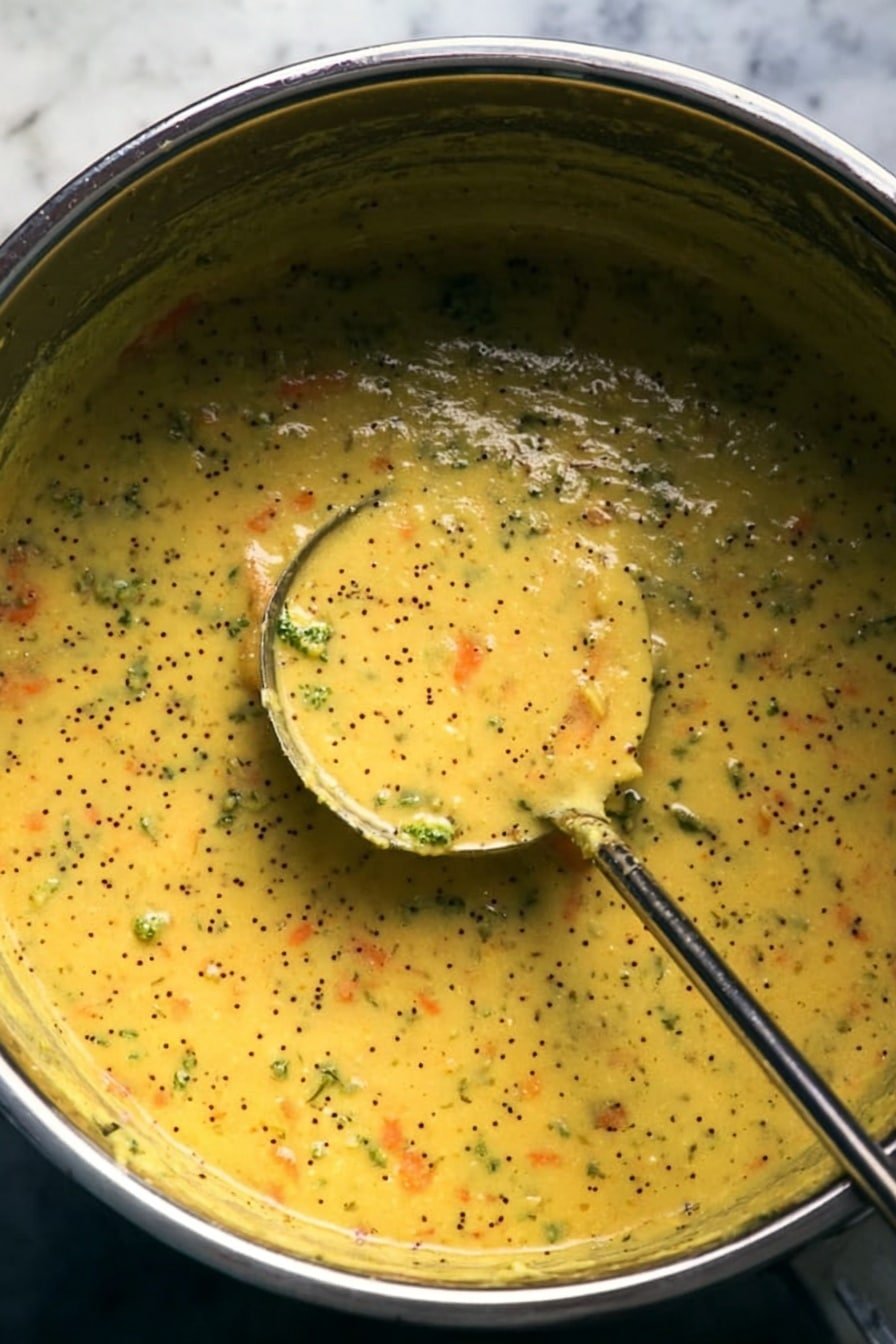 The image shows a large metal pot filled with a thick yellow soup that has small black seeds and tiny pieces of orange and green vegetables spread evenly through it. A metal ladle inside the pot holds a scoop of the soup, showing its creamy texture with visible bits of herbs and veggies. The pot sits on a surface with white marbled texture visible around the edges. The lighting highlights the soup’s smooth and dotted texture. photo taken with an iphone --ar 2:3 --v 7