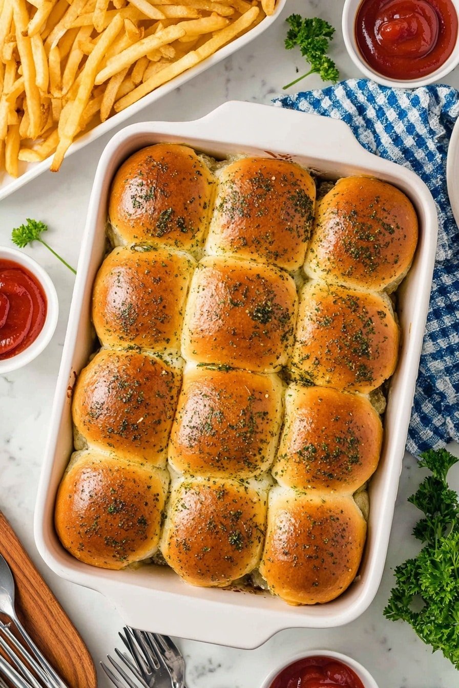 A white rectangular baking dish holds twelve shiny golden-brown slider buns arranged in a 3 by 4 grid, each bun topped with dark green herbs, creating a textured, speckled look. The buns have a soft and slightly glossy surface. Inside the baking dish, under the buns, a creamy white filling with a smooth texture is visible along the edges. The dish is placed on a white marbled surface, alongside a white tray of golden French fries on the top left and two small white bowls filled with rich red ketchup near the top right. A few fresh green parsley leaves are scattered for decoration. A blue and white checkered cloth and wooden serving spatula are visible in the lower-left corner near silver forks arranged on a white plate. Photo taken with an iphone --ar 2:3 --v 7