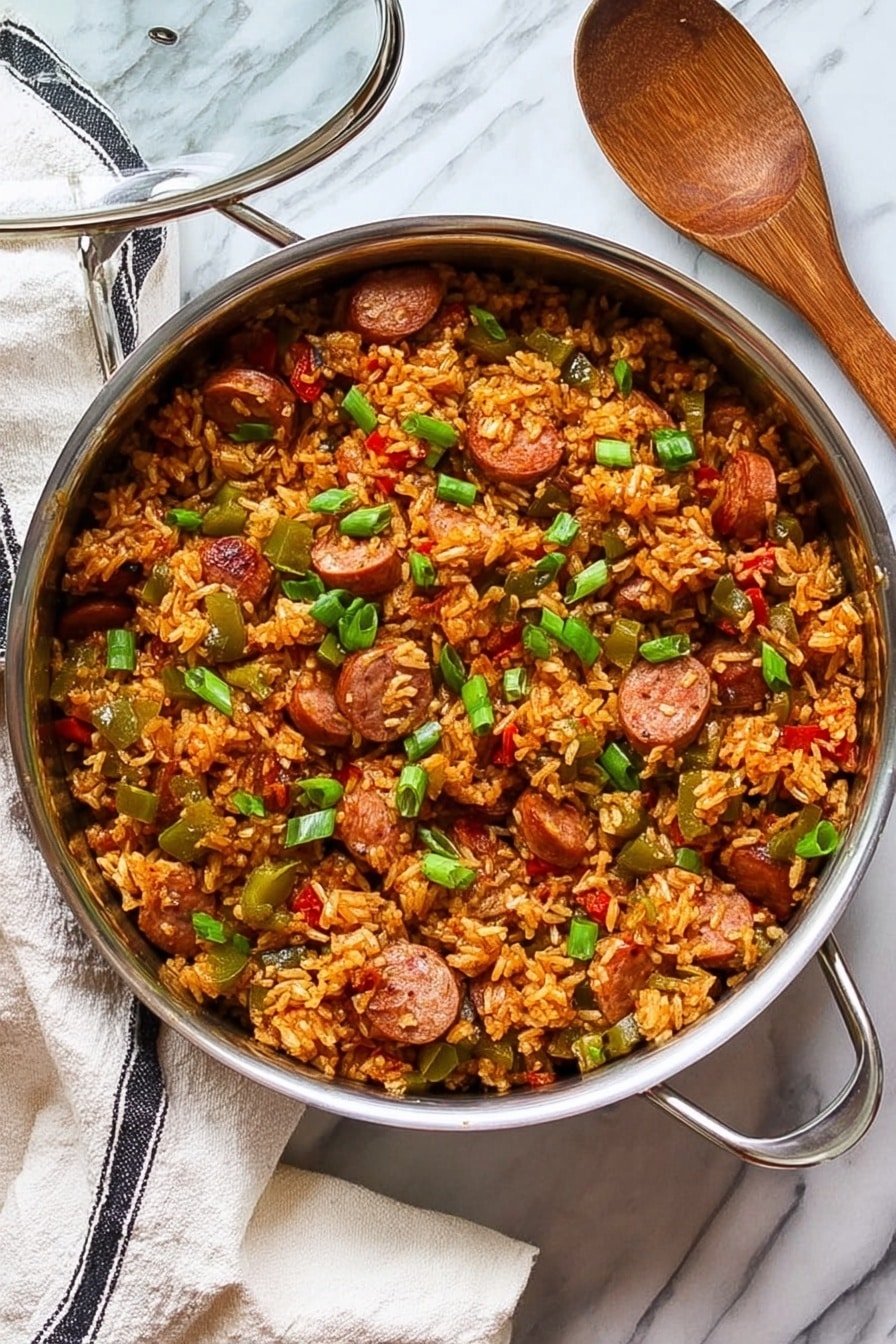 A round silver pan filled with cooked rice mixed with sliced sausage pieces, diced green bell peppers, and small bits of tomatoes, all seasoned and mixed well to show a rich orange-brown color with green onion slices scattered on top. The pan sits on a white marbled surface with a wooden spoon to the right and a white cloth with black stripes to the left. The pan's glass lid is partially lifted, resting on the pan's edge, showing the colorful and textured layers of the dish inside. Photo taken with an iphone --ar 2:3 --v 7