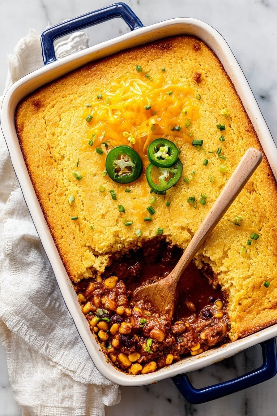 A rectangular white baking dish with blue handles holds a thick cornbread layer that is golden brown with a crumbly texture. A section in the middle is scooped out revealing a rich, dark red chili filling with visible chunks of beef, beans, corn, and peppers. On the top left, shredded bright yellow cheddar cheese and a few sliced green jalapeños rest on the cornbread. Small green chopped chives are sprinkled lightly over the whole dish. A wooden spoon is dipped into the chili, resting in the center, while a folded white cloth sits on a white marbled surface beside the dish. Photo taken with an iphone --ar 2:3 --v 7
