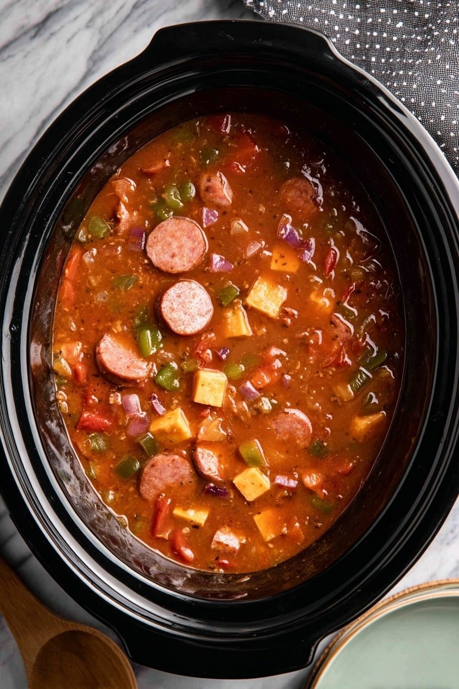 The image shows a black slow cooker filled with thick soup that has a reddish-brown color. The soup has visible chunks of sliced sausage, yellow cheese cubes, small pieces of green and red vegetables, and bits of white onion spread throughout. The soup has a glossy, slightly thick texture and fills the slow cooker close to the top edge. The slow cooker is placed on a white marbled surface, with a wooden spoon beside it and a little part of a white plate with a pale blue rim at the bottom left corner. There is also a grey cloth with white dots near the top right corner. Photo taken with an iphone --ar 2:3 --v 7