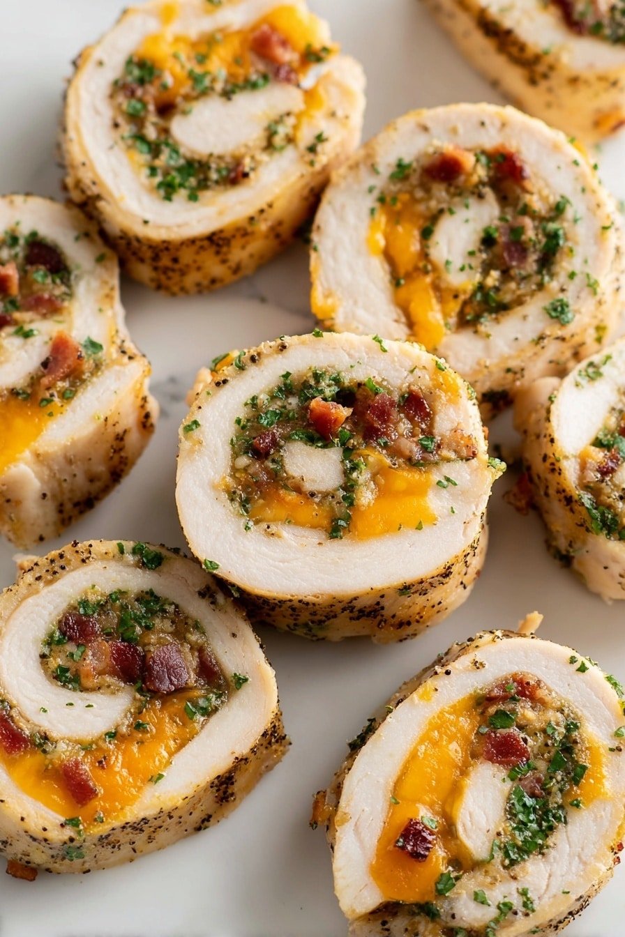 The image shows several small spiral slices of seasoned chicken roll on a white marbled surface. Each slice has three visible layers: the outer pale beige chicken layer with black pepper seasoning, the middle layer with bright orange melted cheese, and the inner layer with a mix of small green herbs and bits of red bacon, giving a colorful and textured look. The slices are arranged closely together, some standing upright and some resting on their sides, emphasizing their round shape and filling details. photo taken with an iphone --ar 2:3 --v 7
