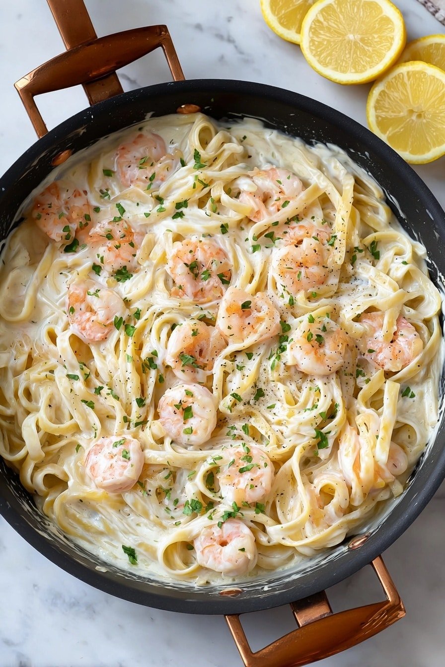 A black pan with a brown handle holds creamy white pasta mixed with light pink shrimp and smooth white sauce. The pasta is long and flat, spread throughout the pan in thick cream. The shrimp are scattered evenly, coated lightly with sauce and small green herbs sprinkled on top. There is a hint of lemon slices placed next to the pan on a white marbled surface. The scene looks fresh and soft. photo taken with an iphone --ar 2:3 --v 7