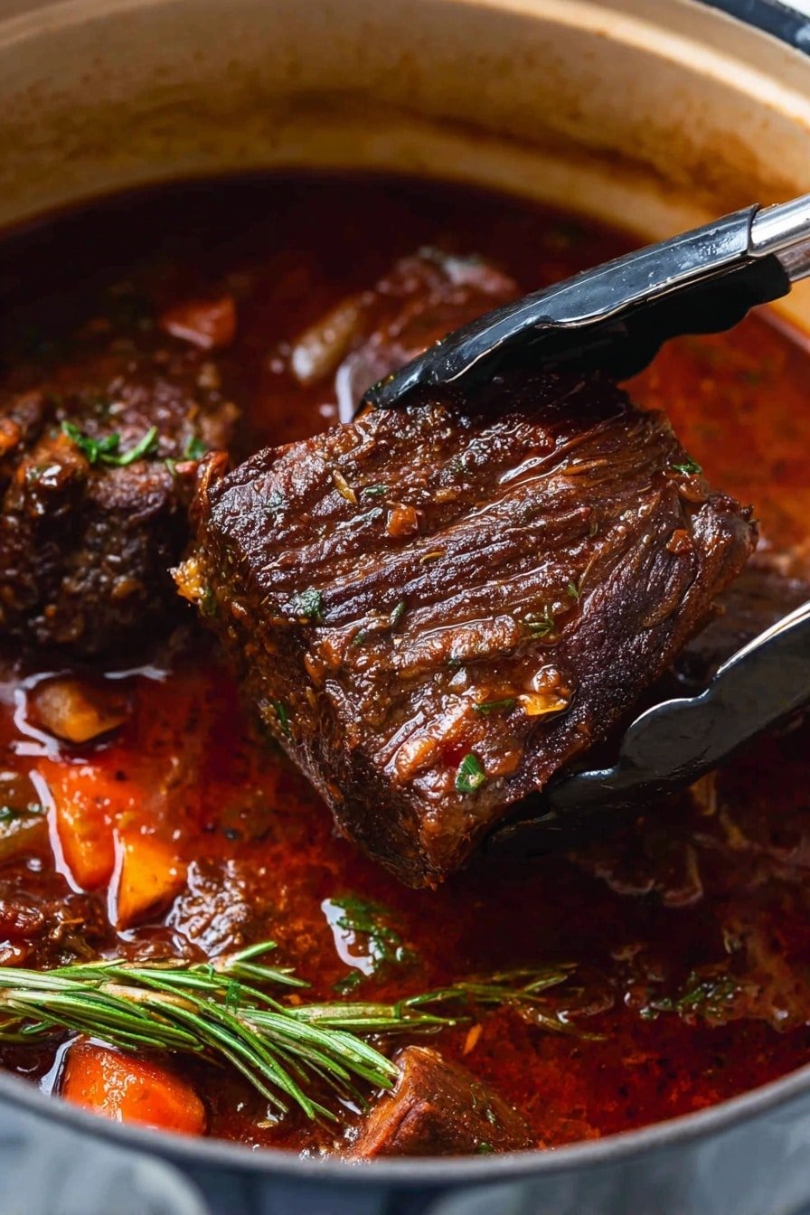 The image shows a close-up of a dark brown, thick piece of cooked meat held by black tongs over a pot of rich, deep red stew. The stew contains visible herbs like green rosemary sprigs, and small pieces of orange carrot and other vegetables. The surface beneath the pot is a white marbled texture. The meat looks tender with a rough texture and is slightly shiny from the stew's sauce. photo taken with an iphone --ar 2:3 --v 7