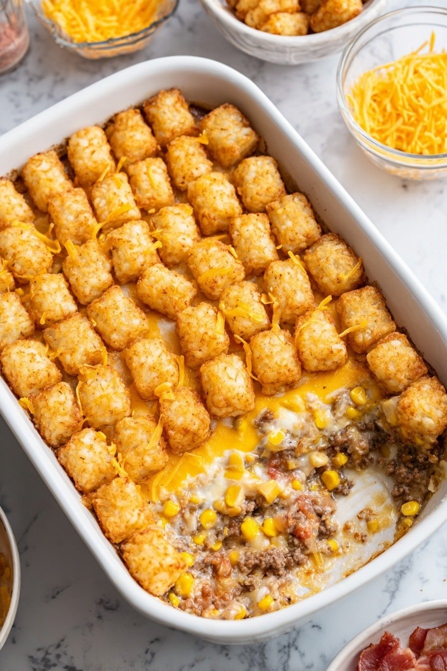 A white baking dish holds a layered casserole with a top layer made of small, golden-brown tater tots arranged tightly in neat rows, each crispy and covered with melted yellow and white cheese. Below this, a creamy layer contains bits of ground meat and scattered bright yellow corn kernels with a thick, saucy texture. The casserole is partly scooped out, revealing the detailed layers underneath. The dish sits on a white marbled surface with a small glass bowl of shredded cheese and bowls of bacon pieces and extra tater tots nearby. Photo taken with an iphone --ar 2:3 --v 7