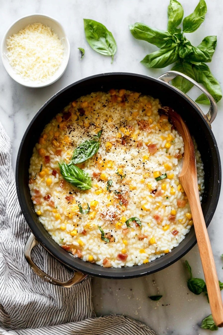 The image shows a black cooking pot filled with creamy risotto that has visible grains of white rice mixed with small pieces of yellow corn and orange carrots. The top layer is sprinkled with grated cheese, black pepper, and a few fresh green basil leaves. Inside the pot, slightly to the left, there is a long wooden spoon resting on the risotto with its handle extending out of the pot. The pot is placed on a white marbled surface with fresh basil leaves, a small white bowl of grated cheese, and a striped cloth nearby. photo taken with an iphone --ar 2:3 --v 7