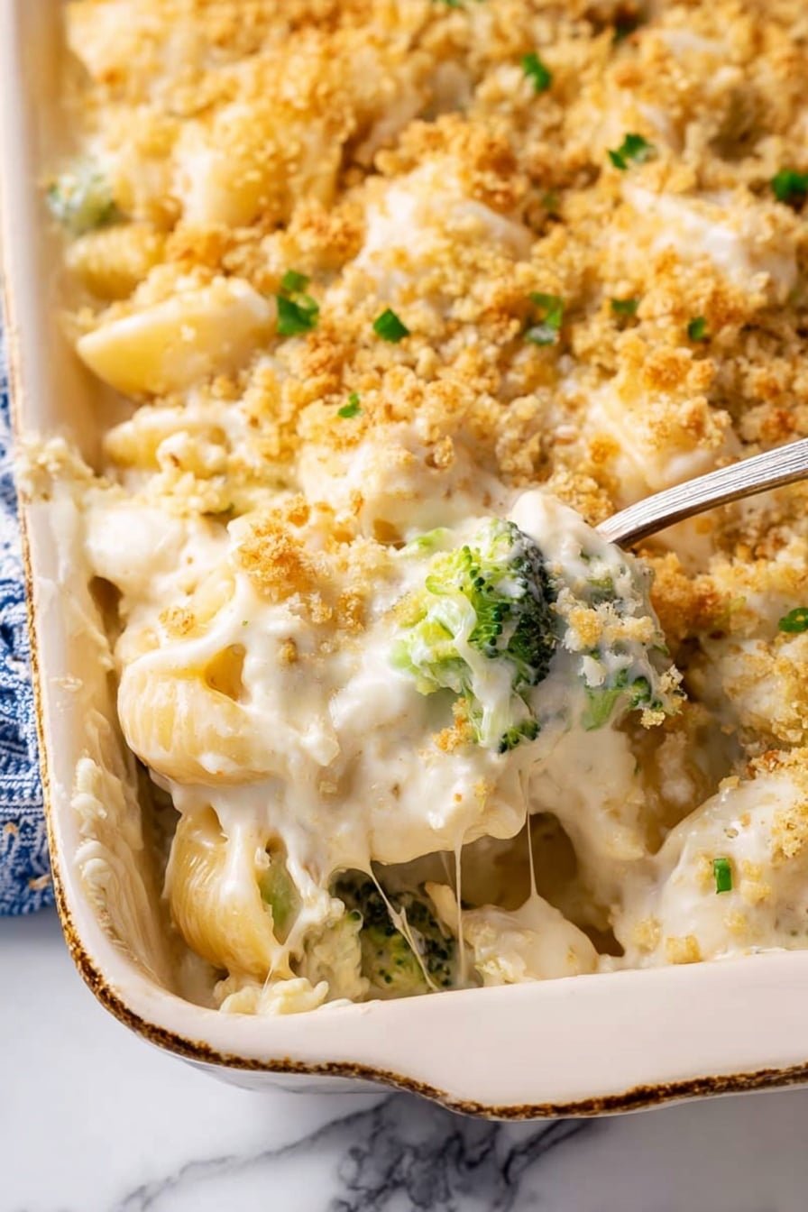A close-up view of a creamy layered casserole in a white ceramic baking dish with a golden-brown crumb topping scattered unevenly on top. The dish has several layers: a base of cooked pasta, visible as soft, slightly swollen white pieces; a middle layer of broccoli florets with bright green color peeking through the sauce; and a rich, smooth white cheese sauce covering all the ingredients. The cheese sauce is thick and creamy, stretching slightly from a portion being lifted with a metallic spoon resting on the dish’s edge. Small green garnish bits are sprinkled across the top, adding a touch of color contrast. The casserole is set on a surface with a white marbled texture, and part of a blue and white cloth is visible on the side. Photo taken with an iphone --ar 2:3 --v 7