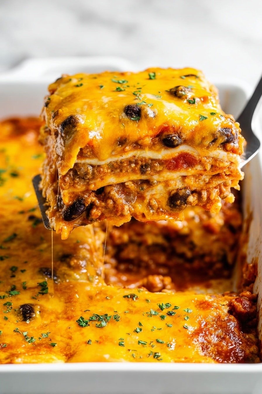 A close-up of a slice of lasagna being lifted with a spatula from a white baking dish on a white marbled surface. The lasagna has four visible layers: the bottom layer is a red tomato sauce mixed with small black beans; above it is a light beige creamy layer with bits of black beans and possibly cheese; then another layer of tomato sauce with beans; topped with a thick layer of melted orange-yellow cheese sprinkled with small green herb pieces. The cheese looks shiny and smooth, stretching slightly as the slice lifts. The remaining lasagna in the dish has a similar thick, melted cheese topping with green herbs scattered on top photo taken with an iphone --ar 2:3 --v 7