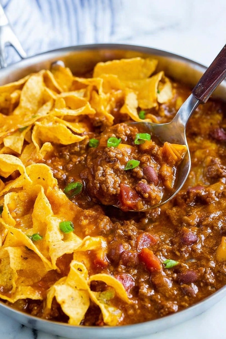 The dish is served in a white plate on a white marbled surface. It has two main layers: the bottom layer is a thick, brown chili with pieces of beans, ground meat, and small chunks of red tomatoes, giving it a chunky and rich texture. The top layer is made of yellow, curly corn chips scattered around and partially submerged into the chili, adding a crispy texture. There are small green onion slices sprinkled on top for color contrast. A spoon with a dark wooden handle is scooping some chili and chips from the plate. photo taken with an iphone --ar 2:3 --v 7