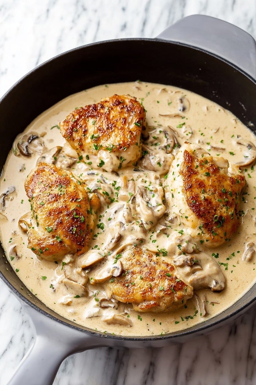 The image shows a black skillet filled with four pieces of cooked chicken in a creamy light beige sauce. The chicken pieces are golden brown on top, with some visible texture and slight charring. The sauce is thick and smooth, covering parts of the chicken and the skillet bottom. Thin slices of light brown mushrooms are mixed into the sauce, along with small green herb pieces sprinkled over everything. The skillet has gray handles and is placed on a white marbled surface. photo taken with an iphone --ar 2:3 --v 7