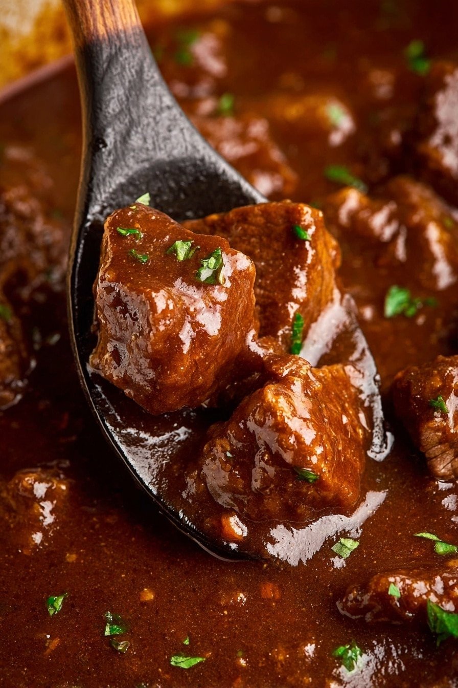 A close-up of a wooden spoon lifting several chunks of dark brown meat coated in a thick, glossy brown sauce with a few small green herb pieces scattered on top. The meat pieces have a slightly uneven shape and are fully covered by the rich sauce. The background shows more of the same meaty stew in the same thick sauce, sitting on a white marbled texture. Photo taken with an iphone --ar 2:3 --v 7