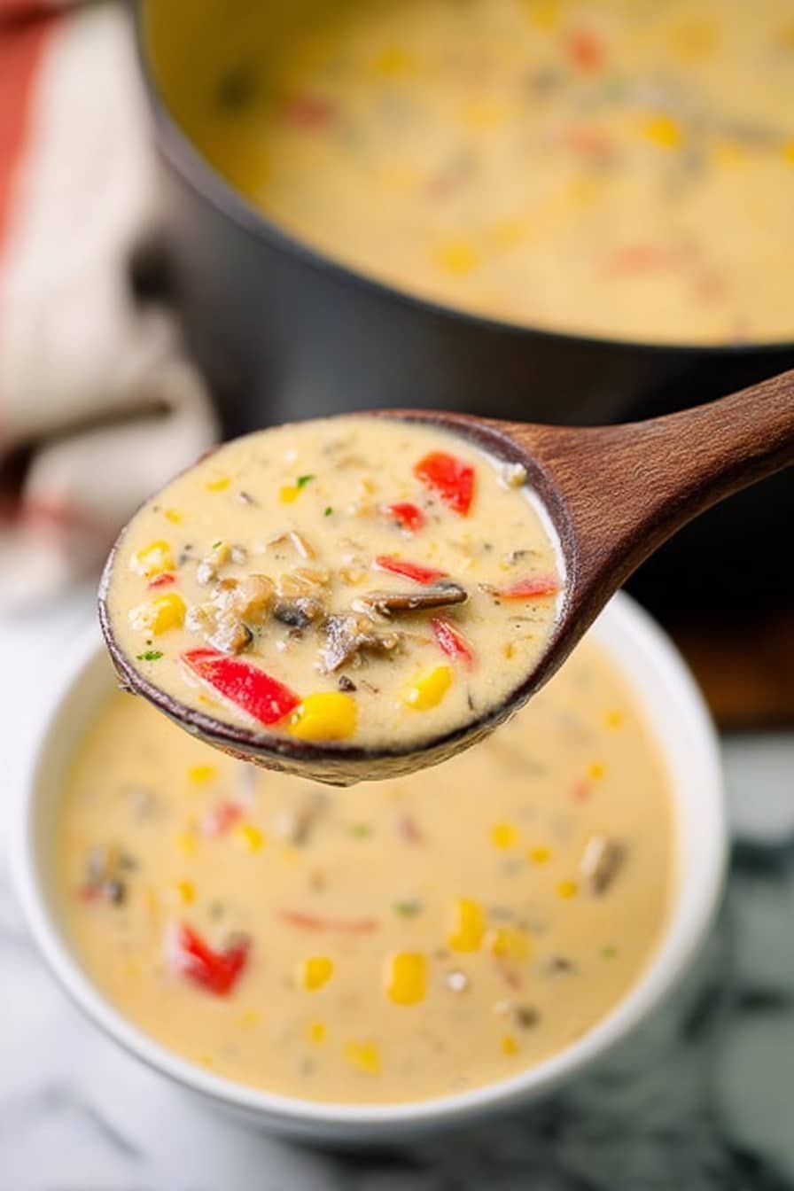 The image shows a close-up of a ladle full of creamy soup with visible pieces of red bell pepper, yellow corn, and small bits of brown meat or mushrooms, held above a white bowl filled with the same soup. The soup is thick and pale yellow with colorful small chunks scattered evenly through it. In the background, a red pot and a white cloth with orange and brown stripes rest on a white marbled surface. The scene captures the soup's creamy texture and colorful ingredients in a cozy kitchen setting. photo taken with an iphone --ar 2:3 --v 7
