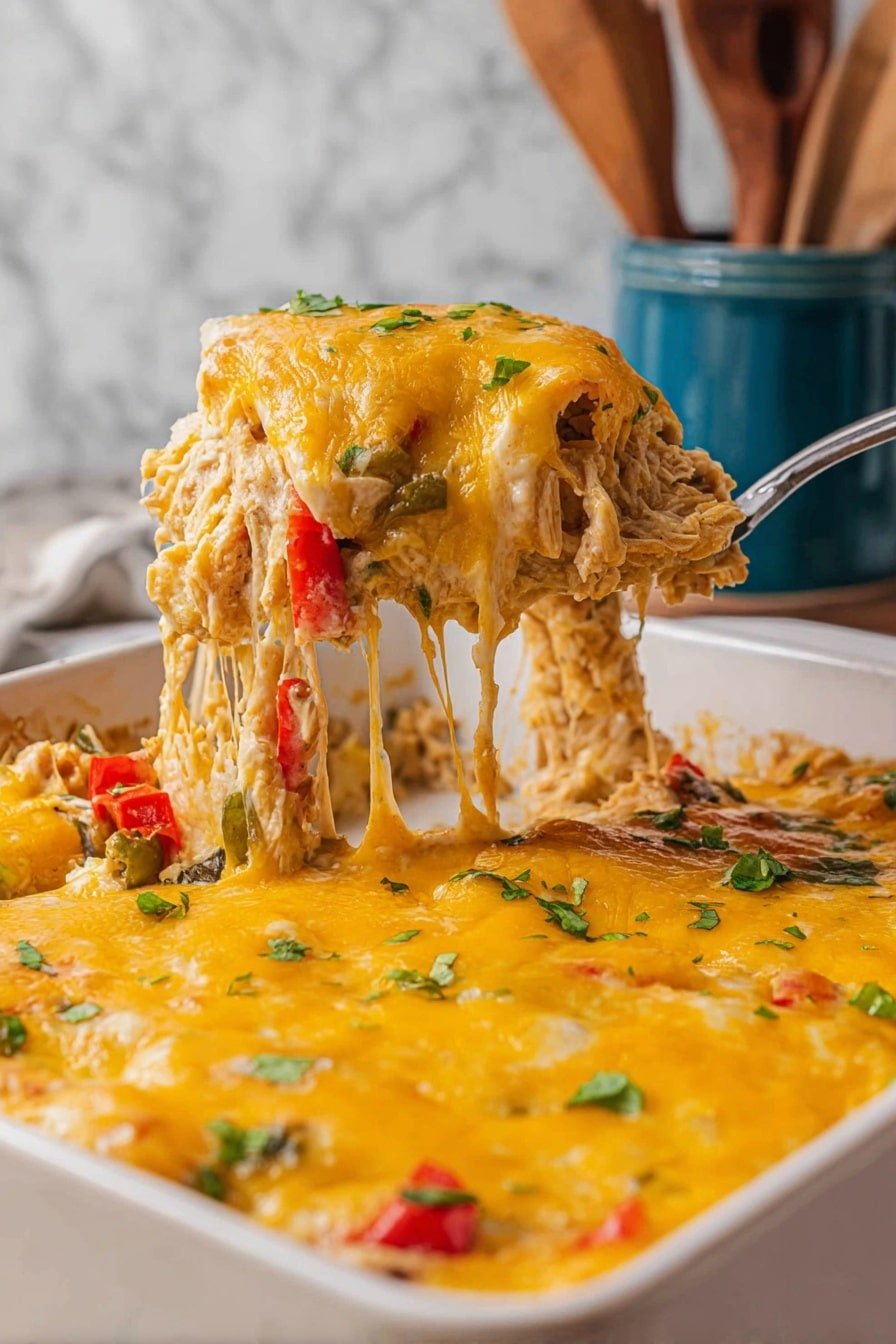 The dish shows a close-up of a white rectangular baking dish filled with a cheesy casserole. The top layer is melted bright yellow cheese with a few green herb sprinkles. Underneath is a thick layer of light brown creamy filling with visible small pieces of red pepper and green vegetables. A silver spatula lifts a scoop of the casserole, stretching long, melted cheese strings from the dish. The background has a white marbled texture and a blurred kitchen container with blue and wooden utensils. Photo taken with an iphone --ar 2:3 --v 7