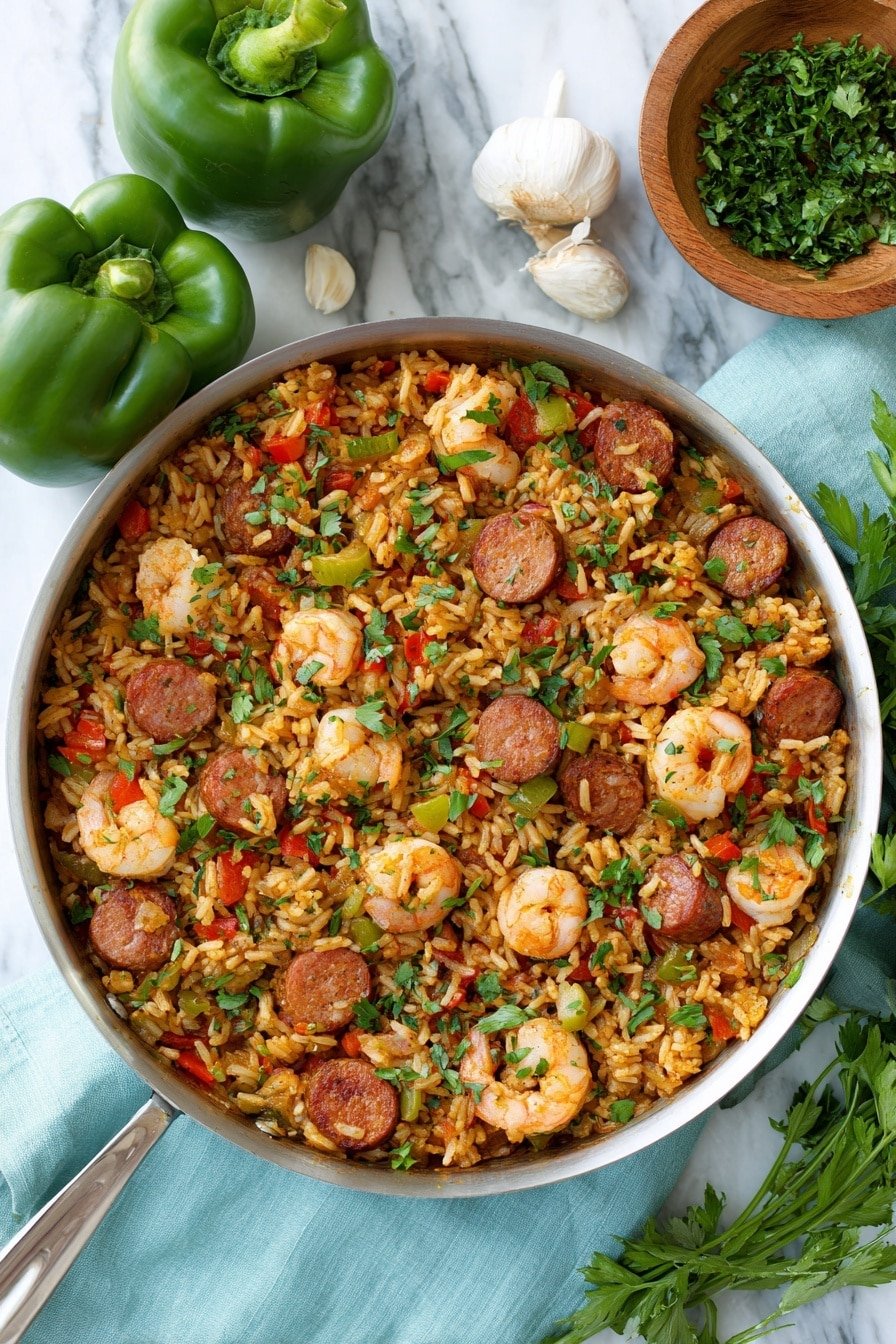 A close-up top view of a white pan filled with one layer of Jambalaya, showing mixed brown rice, sliced brown sausage, small orange shrimp, and pieces of green and red bell peppers scattered evenly throughout. The pan sits on a white marbled surface with a light blue cloth underneath. To the left, green and red bell peppers rest on the surface. On the top right, there is a wooden bowl with fresh green parsley and garlic cloves around it. A golden spoon and fork rest on a white plate with a golden rim on the top left. Photo taken with an iphone --ar 2:3 --v 7