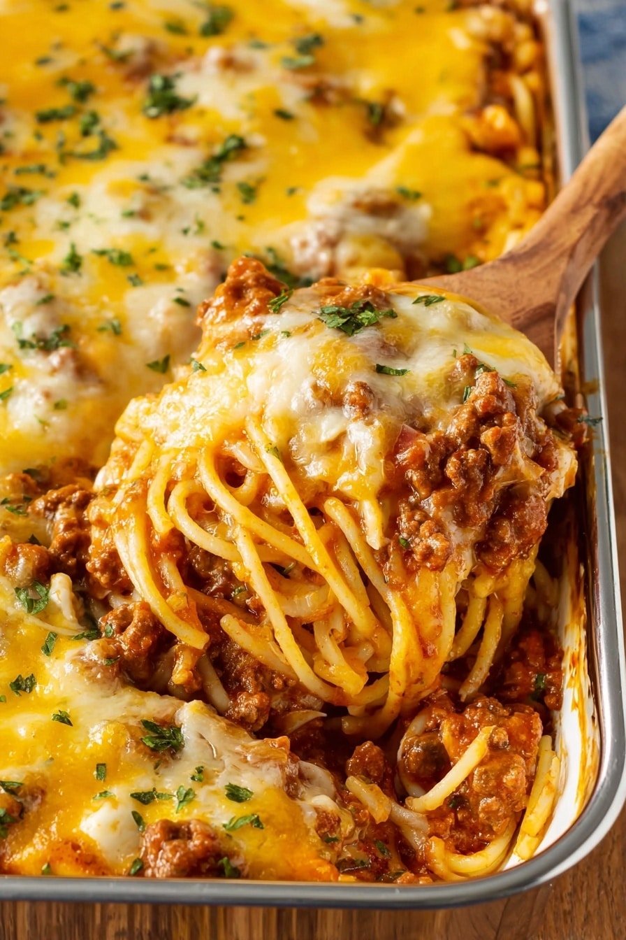 The image shows a close-up of a white baking dish filled with a layered pasta dish. The top layer is melted yellow and white cheese sprinkled with small green herb pieces. Below the cheese is a thick pasta layer of spaghetti mixed with a rich, red-brown meat sauce containing small chunks. A blue and white serving spoon lifts a portion from the corner, showing the creamy and cheesy texture blending with the saucy spaghetti. The background is a white marbled surface. photo taken with an iphone --ar 2:3 --v 7