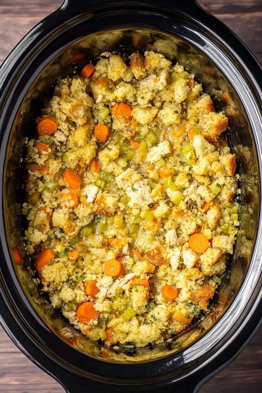 The image shows a close-up top view of a large oval silver slow cooker filled with a mixture of stuffing. The stuffing has a crumbly texture with visible layers of soft cooked bread pieces in light golden yellow and brown, mixed with small chunks of orange carrot slices and pale green celery pieces. The stuffing looks moist with bits of herbs scattered throughout and some browned areas from cooking. The background is white marbled texture. photo taken with an iphone --ar 2:3 --v 7