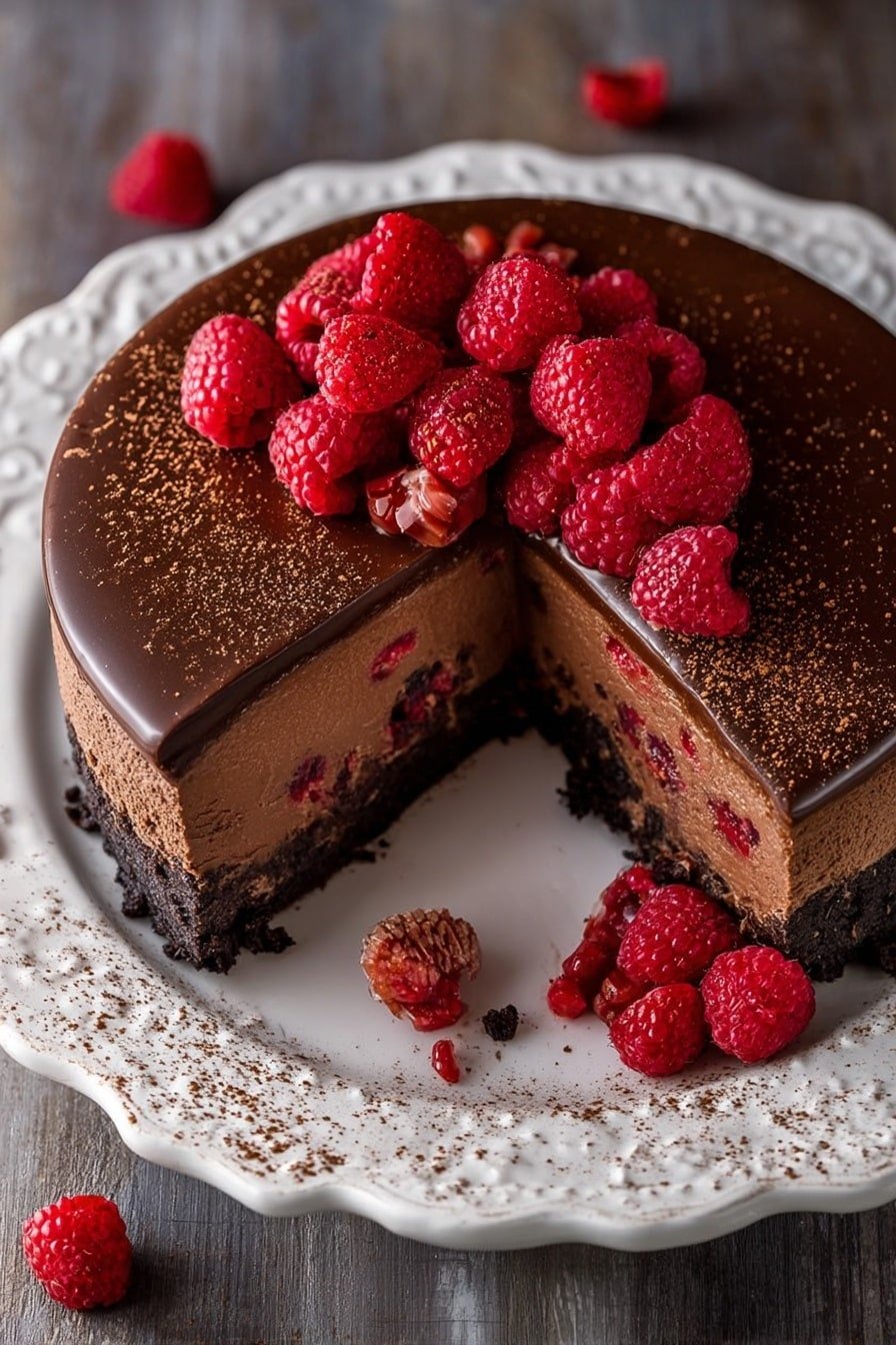 The image shows a chocolate cake on a white plate with one slice removed. The cake has three layers: a dark, crumbly crust at the bottom, a thick, creamy chocolate middle with visible red berries mixed inside, and a smooth, shiny chocolate glaze on top. Fresh red raspberries are scattered on the right side of the cake and around the plate. There is a light dusting of cocoa powder sprinkled over the glaze and the plate's surface. The cake and plate sit on a white marbled background. Photo taken with an iphone --ar 2:3 --v 7
