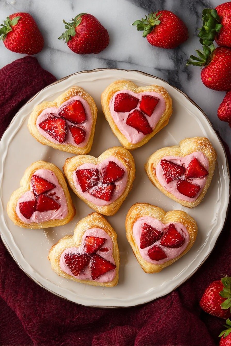 The image shows a heart-shaped pastry with three main layers. The bottom layer is a golden brown puff pastry with a slightly shiny surface and soft texture. On top of this is a thick, smooth pink cream layer that fills the heart shape completely. Scattered over the pink cream are bright red strawberry pieces with a juicy texture and visible seeds. The pastries are placed on a wooden board with a white marbled surface partially visible. A whole fresh strawberry with green leaves is also placed next to the pastries. Photo taken with an iphone --ar 2:3 --v 7