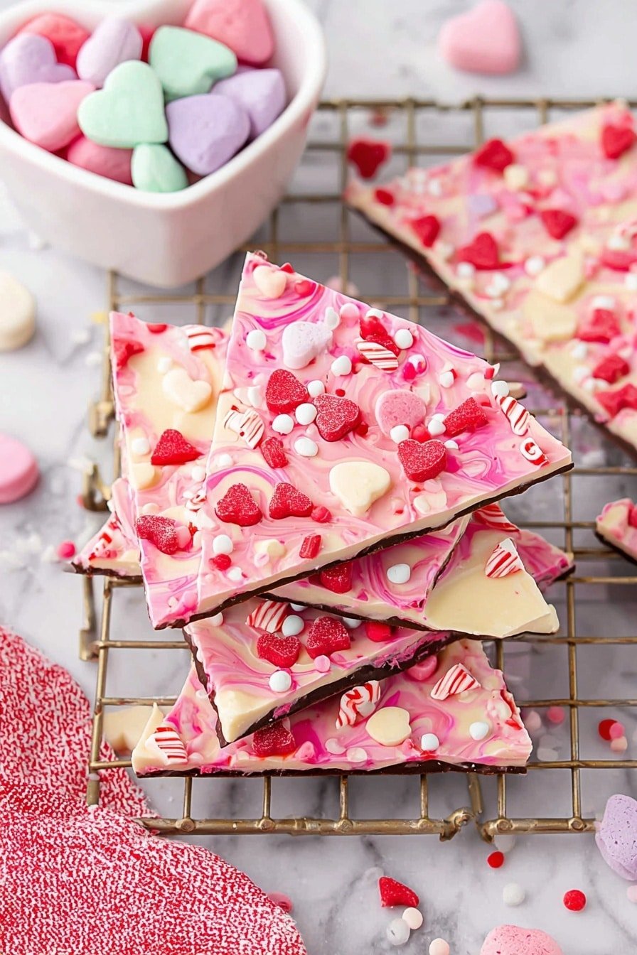 A stack of triangular pink and white swirled candy bark pieces sits on a silver cooling rack over a white marbled surface. Each piece has a smooth, marbled top layer with pink and white swirls and is decorated with small red, pink, and purple candy-coated chocolates, heart-shaped candy pieces in pastel colors, and various red and pink sprinkles scattered across the surface. The bark pieces are thin and layered over a solid white base, giving a slight contrast. To the top left, a white heart-shaped bowl filled with pastel-colored heart-shaped candies adds extra charm. A red and white cloth is partially visible at the bottom left. The overall scene is bright and festive. photo taken with an iphone --ar 2:3 --v 7