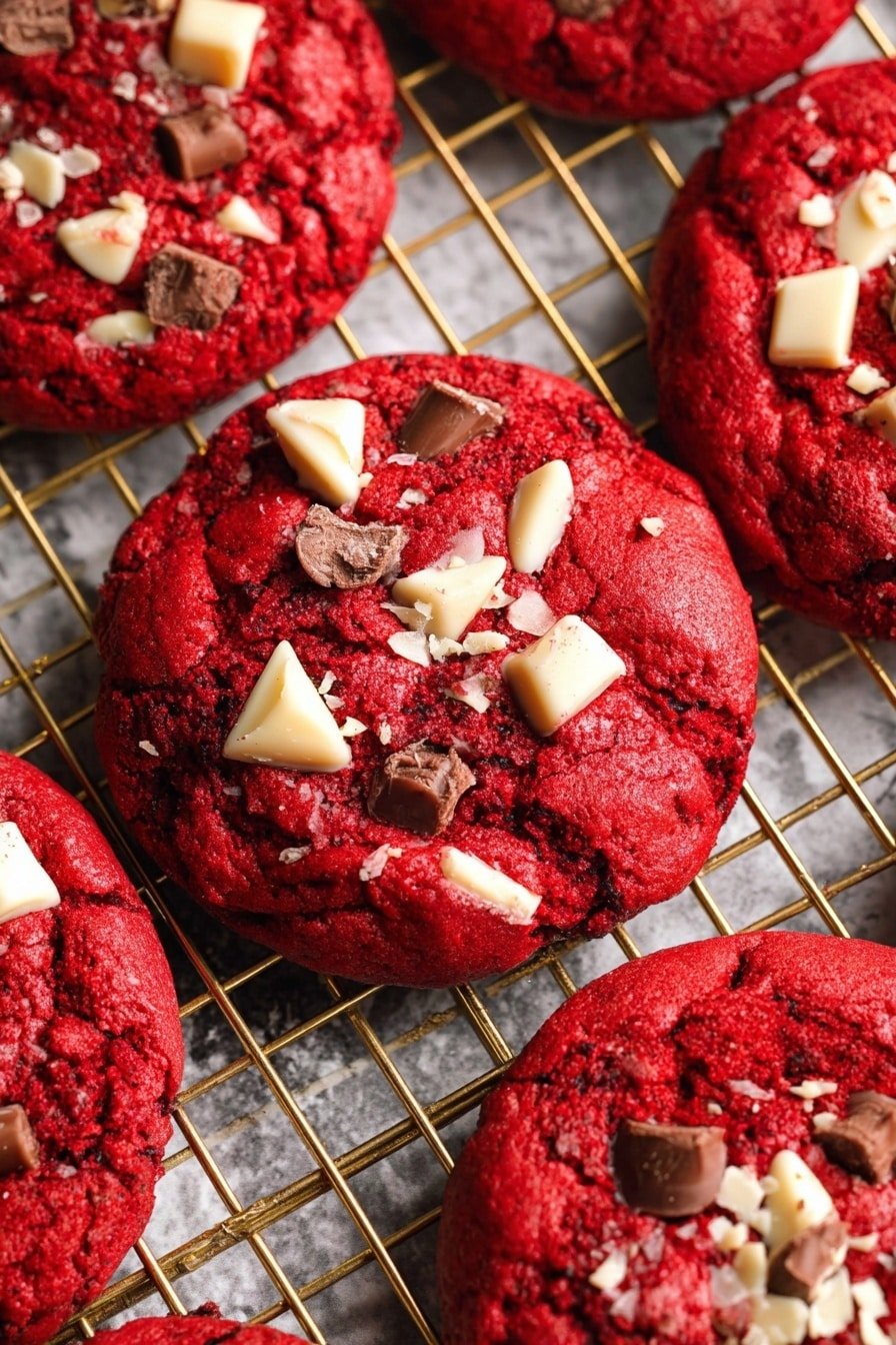 The image shows thick, round red velvet cookies with a rough textured surface, each topped with scattered pieces of white and milk chocolate chunks. The cookies are bright red with a soft, slightly cracked look. They are placed on a silver wire cooling rack over a white marbled surface. The contrast of the red cookies with the pale chocolate makes them look rich and colorful. photo taken with an iphone --ar 2:3 --v 7