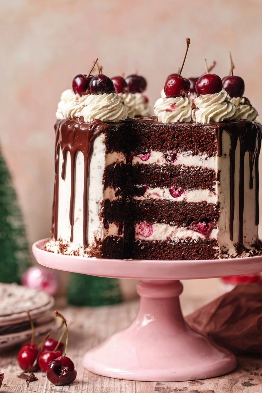 A tall chocolate layered cake is shown with five dark brown cake layers separated by white cream with bits of red cherries inside. The outside is covered in smooth white frosting with dark chocolate dripping down the sides. The top has swirls of white cream, each topped with a mix of red and dark cherries. The cake sits on a green cake stand with a wood texture below, and the background is a blurred texture with Christmas decorations. photo taken with an iphone --ar 2:3 --v 7