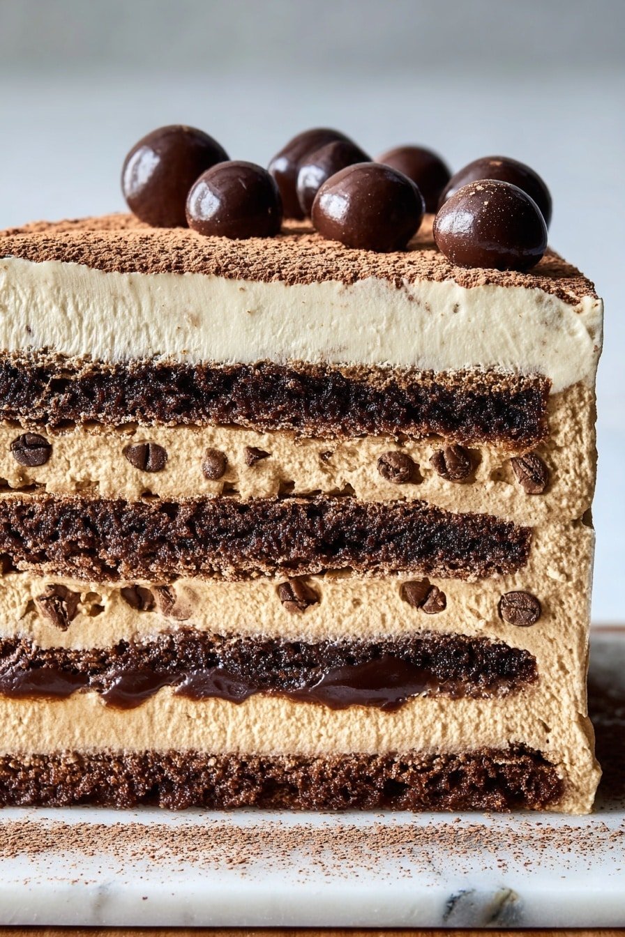 A close-up of a multi-layered slice of cake rests on a white marble slab with a wood texture underneath. The cake has six layers in total: three dark brown chocolate cake layers alternating with three creamy light beige layers. There are thin layers of shiny chocolate filling between the layers, adding a rich, glossy texture. The top layer is covered with a smooth light cream frosting, dusted on one side with fine cocoa powder, and decorated with several round dark chocolate balls. The image background is a soft, blurred texture. Photo taken with an iphone --ar 2:3 --v 7