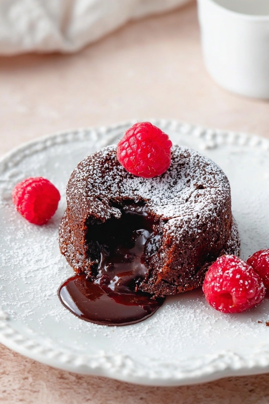 A small round chocolate cake with a cracked top sits in the center of a white ornate plate, dusted lightly with powdered sugar. One side of the cake is broken open, showing a thick, shiny dark chocolate sauce flowing out onto the plate. Three bright red raspberries surround the cake—one on top and two resting beside it. The plate rests on a wood texture, with a blurred texture background and soft natural light creating a gentle atmosphere. Photo taken with an iphone --ar 2:3 --v 7
