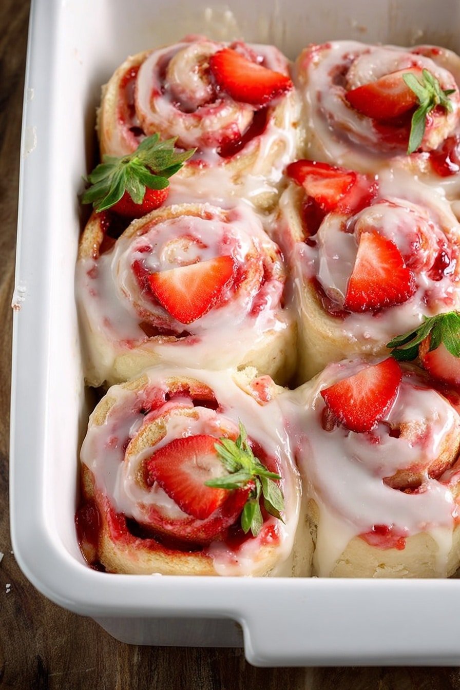 A clear glass baking dish holds nine thick, round rolls tightly packed together in three rows of three. Each roll has three visible layers: a light golden dough base, a bright red strawberry jam spread, and a shiny creamy white icing drizzled over the top, slightly melting into the rolls. Some rolls are topped with fresh strawberry slices, one with a green leaf still attached, adding a pop of color. The dish sits on a white marbled surface. photo taken with an iphone --ar 2:3 --v 7