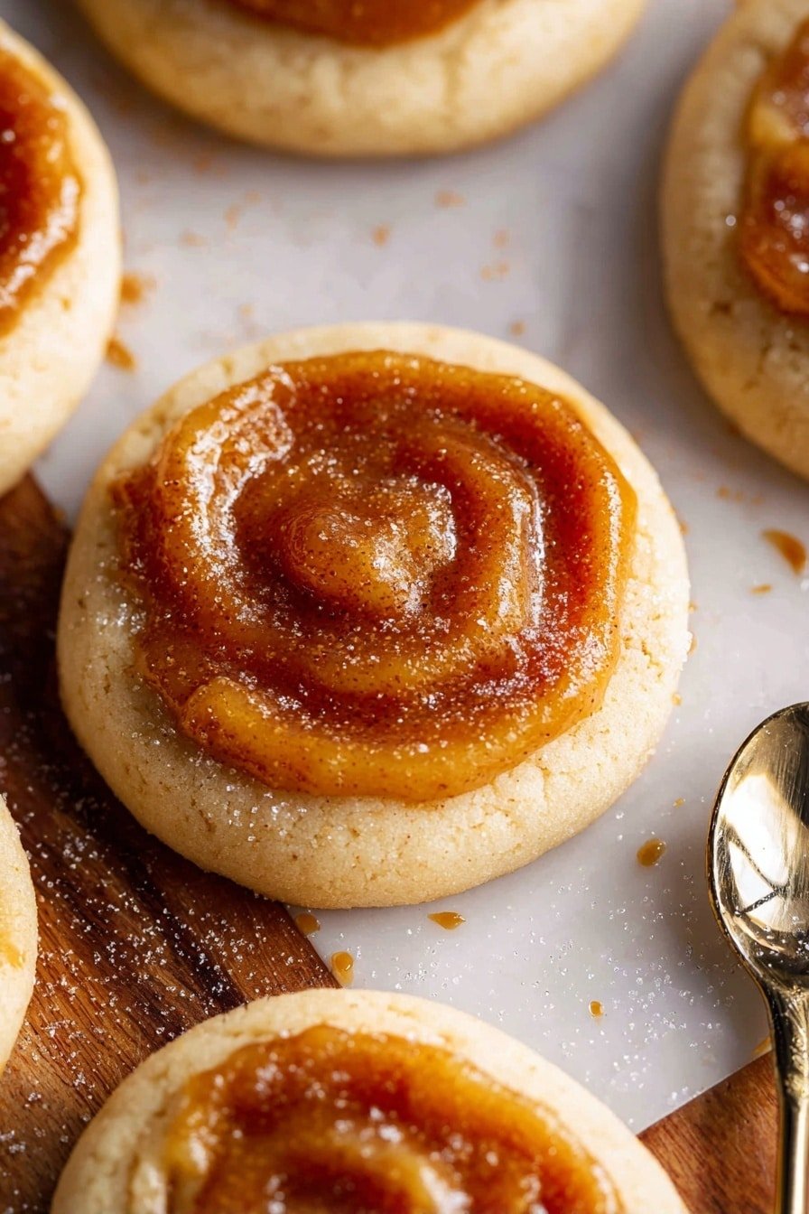 The image shows round cookies each with two layers: a bottom layer of light beige, soft cookie with a slightly grainy texture and a top layer of glossy, golden brown cinnamon swirl that looks smooth and syrupy, swirled in a spiral pattern. The cookies rest on a white marbled surface, with a few specks of sugar around them. A shiny, gold spoon is placed on the right side, slightly under one cookie, reflecting light softly. The colors are warm and inviting with a close-up focus on the center cookie. photo taken with an iphone --ar 2:3 --v 7