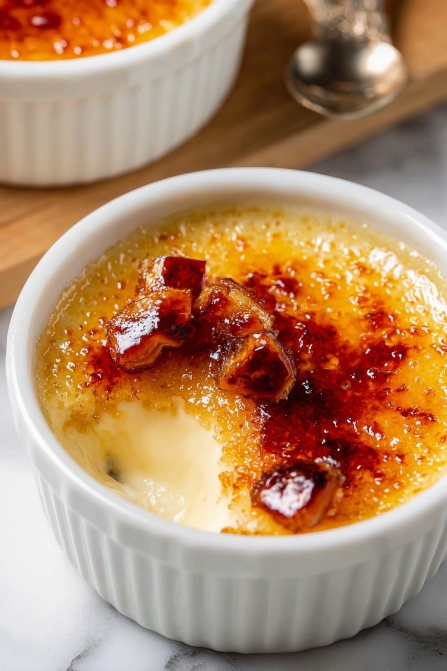 A close-up view of a white ceramic ramekin filled with crème brûlée, showing a thick, glossy caramelized sugar crust on top that is golden brown with spots of darker brown. A gold spoon is scooping out a portion of the dessert, revealing the smooth and creamy pale yellow custard underneath, with some pieces of the caramelized crust resting on the custard. The ramekin is placed on a wooden board, set against a white marbled surface. A second white ramekin with crème brûlée is blurred in the background. Photo taken with an iphone --ar 2:3 --v 7