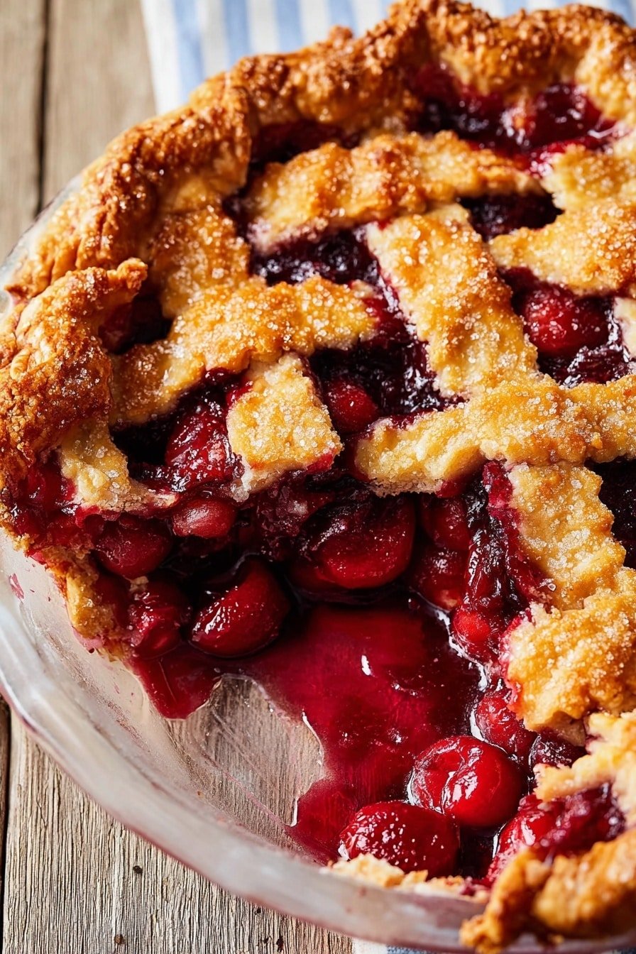 The image shows a half-eaten cherry pie in a clear glass pie dish placed on a white marbled surface. The pie has three main layers: a golden-brown, flaky crust with a sugar sprinkle on top, laid in a lattice pattern with thick strips crossing each other; beneath the crust, a deep red cherry filling with whole cherries and thick syrup visible, spilling slightly over the empty part of the dish; the bottom layer is a slightly crumbly pie crust supporting the cherry filling. A colorful woven cloth with red, white, and blue stripes is seen in the background. photo taken with an iphone --ar 2:3 --v 7