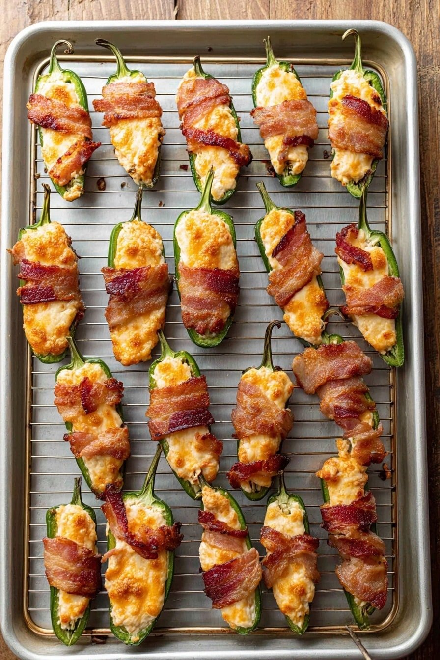 The image shows a baking tray with a metal rack holding 20 stuffed jalapeño peppers. Each jalapeño is halved and filled with a creamy, slightly browned cheese mixture that is smooth in texture with a golden top. Around the middle of each pepper, there is a strip of cooked bacon wrapped and held in place by a toothpick, showing a mix of crispy darker red and softer pinkish-brown colors. The peppers are a rich green color, and the tray is placed on a white marbled surface. photo taken with an iphone --ar 2:3 --v 7