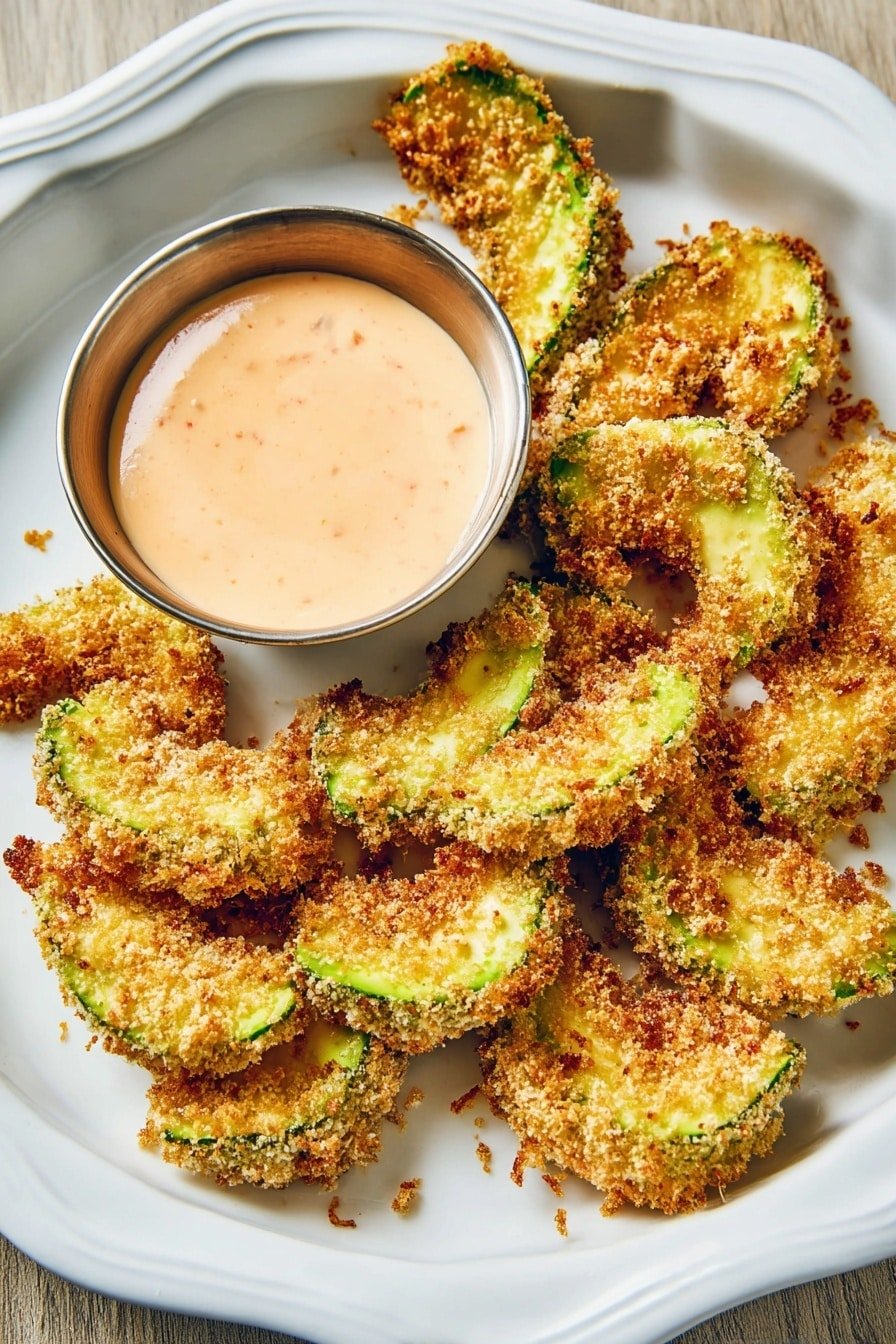 The image shows a white square plate with several crispy avocado slices arranged loosely on one side. Each slice has a crunchy golden-brown coating with crumbs visible, and the green inside of the avocado peeks through the coating. On the top left corner of the plate, there is a small round silver cup filled with creamy light orange sauce that looks smooth and thick. The plate is placed on a white marbled surface. photo taken with an iphone --ar 2:3 --v 7