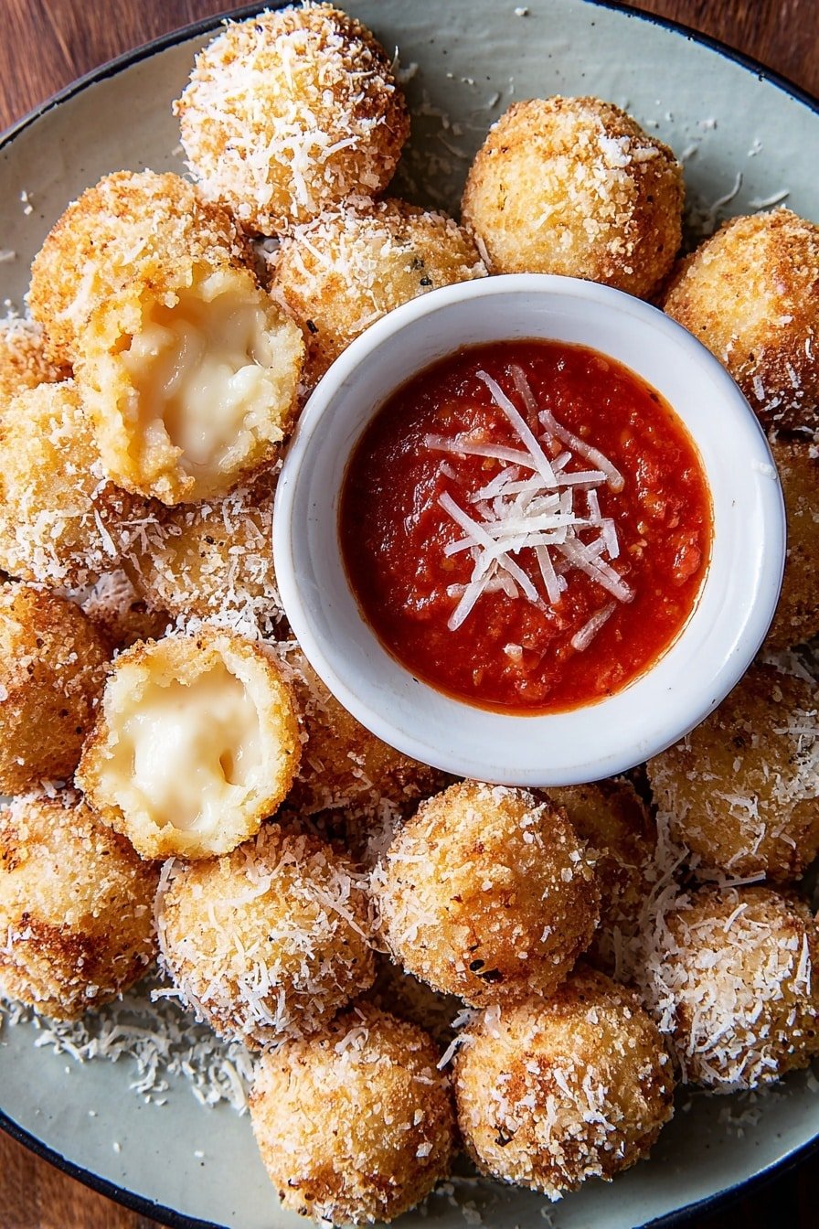 The image shows a white round plate filled with about twenty golden-brown fried balls covered with a light sprinkling of grated white cheese. Two of the balls are open-faced, revealing a creamy, soft interior tinting off-white. In the middle of the plate, there is a small white bowl filled with chunky bright red marinara sauce garnished with a few cheese shreds on top. The plate sits on a white marbled surface that contrasts with the dark plate, highlighting the colors of the food. photo taken with an iphone --ar 2:3 --v 7