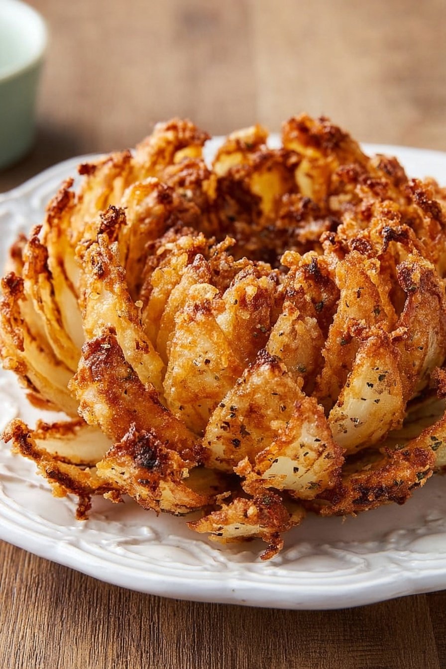 The image shows a whole blooming onion on a white plate, placed on a white marbled surface. The onion has many layers, each thin wedge coated in a crispy, golden-brown fried batter with a slightly rough and crunchy texture. The layers spread out like petals, with the edges more deeply browned and crispy. The inside layers remain lighter in color, showing the raw onion’s pale white and translucent tone, while the outer parts are well-fried and textured. The whole dish looks warm and crunchy, with some specks of seasoning visible on the batter. Photo taken with an iphone --ar 2:3 --v 7