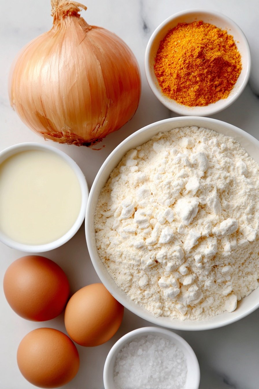 Flat lay of a large fresh sweet onion with its papery outer skin partially peeled, a simple white ceramic bowl filled with all-purpose flour mixed with vibrant paprika and various warm spices like cayenne pepper, dried oregano, ground cumin, garlic powder, and black pepper, two whole uncracked brown eggs, a small white ceramic bowl of creamy buttermilk, and a small white ceramic bowl of kosher salt crystals, all arranged in perfect symmetry on a clean white marble surface, soft natural light, photo taken with an iPhone, professional food photography style, fresh ingredients, white ceramic bowls, no bottles, no duplicates, no utensils, no packaging --ar 2:3 --v 7 --p m7354615311229779997