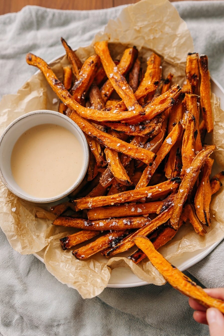 A pile of golden-brown sweet potato fries with some darker toasted spots is arranged on crinkled white parchment paper in a white scalloped dish. The fries are sprinkled lightly with coarse salt. On the left side of the dish, there is a white cup filled with a creamy, pale beige dipping sauce. The scene is set on a light grey cloth over a white marbled surface. A woman's hand can be seen holding one sweet potato fry dipped in the sauce at the bottom right corner of the image. photo taken with an iphone --ar 2:3 --v 7