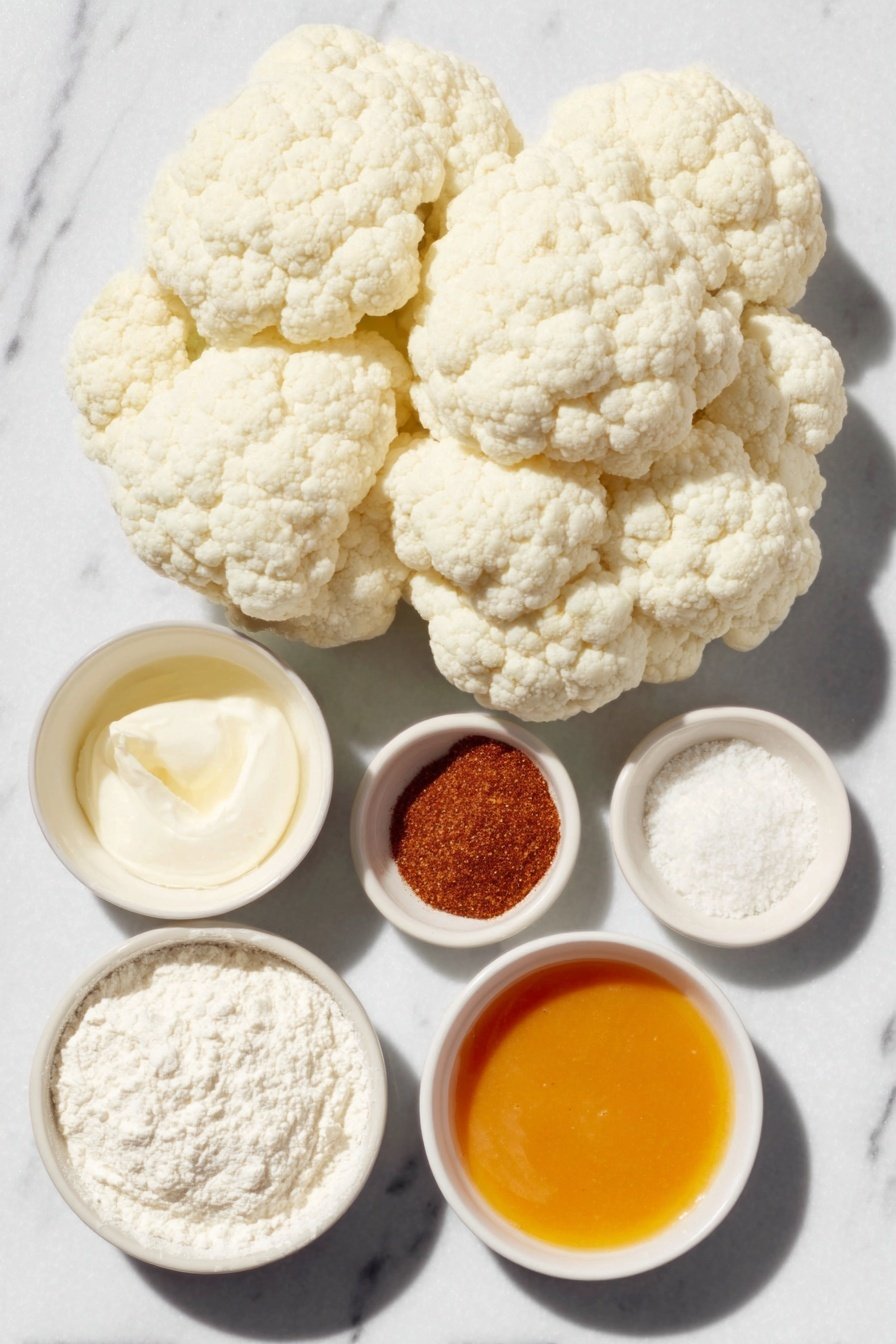 Flat lay of fresh cauliflower florets, a small bowl of all-purpose flour, a small bowl of ground paprika, a small bowl of onion powder, a small bowl of garlic powder, a small bowl of salt, a small white ceramic bowl of thick buttermilk, a small white ceramic bowl of melted butter, a small white ceramic bowl of bright orange buffalo sauce, placed on a clean white marble surface, soft natural light, photo taken with an iPhone, professional food photography style, fresh ingredients, white ceramic bowls, no bottles, no duplicates, no utensils, no packaging --ar 2:3 --v 7 --p m7354615311229779997