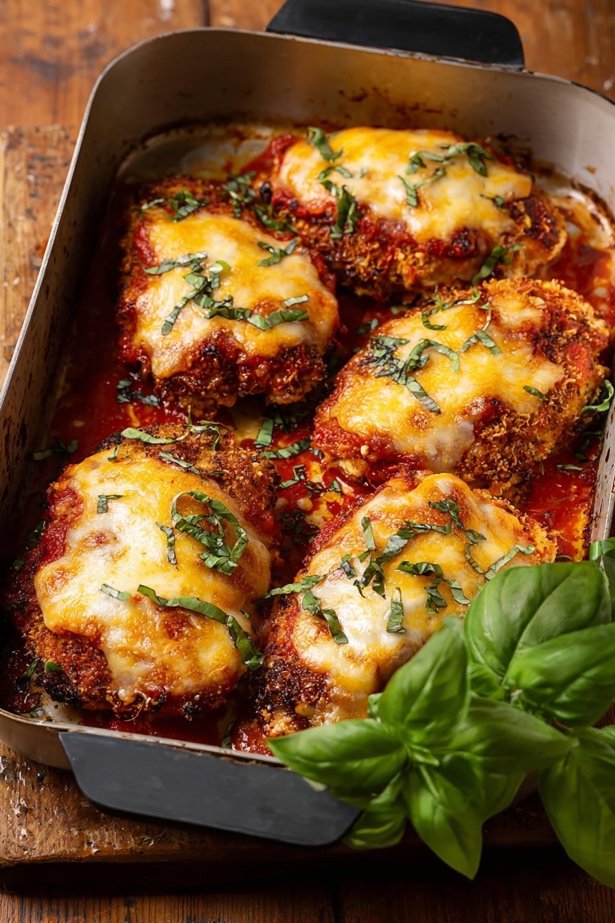 The image shows six pieces of breaded and fried chicken layered with red tomato sauce and melted light yellow cheese, topped with small pieces of chopped green herbs. The chicken pieces with sauce and cheese are arranged inside a white rectangular baking dish with a black handle, with some light brown crispy edges visible underneath. A bunch of fresh green basil leaves decorates the bottom right corner inside the baking dish. The dish is placed on a wooden table with a white marbled texture in the background. photo taken with an iphone --ar 2:3 --v 7