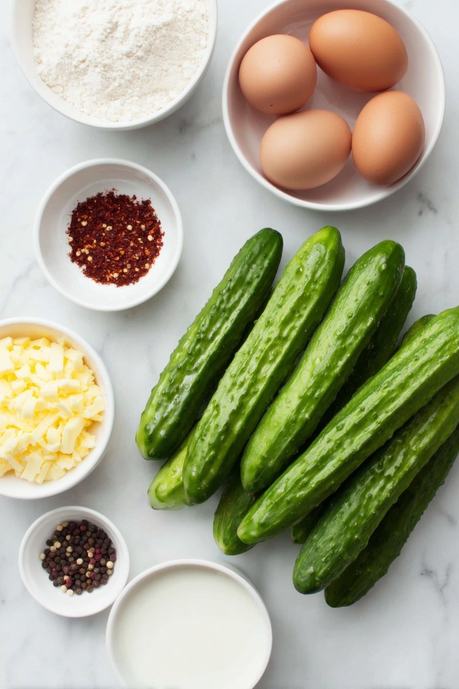 Flat lay of fresh green pickle spears, a small white ceramic bowl of pale all-purpose flour, two whole brown eggs with clean shells, a small white ceramic bowl of creamy milk, a small white ceramic bowl of golden panko breadcrumbs mixed with reddish paprika, white salt crystals, and black peppercorns, all arranged with perfect symmetry in natural soft light placed on a clean white marble surface, soft natural light, photo taken with an iPhone, professional food photography style, fresh ingredients, white ceramic bowls, no bottles, no duplicates, no utensils, no packaging --ar 2:3 --v 7 --p m7354615311229779997
