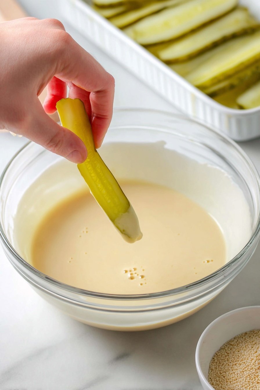 A close-up of a woman's hand with red nail polish holding a golden-brown crispy stick dipping it into a small white bowl filled with thick, creamy white sauce with black specks. Surrounding the bowl are more crispy sticks that look crunchy and textured, placed on a white marbled surface. The background is blurred with hints of green leaves in soft focus. photo taken with an iphone --ar 2:3 --v 7