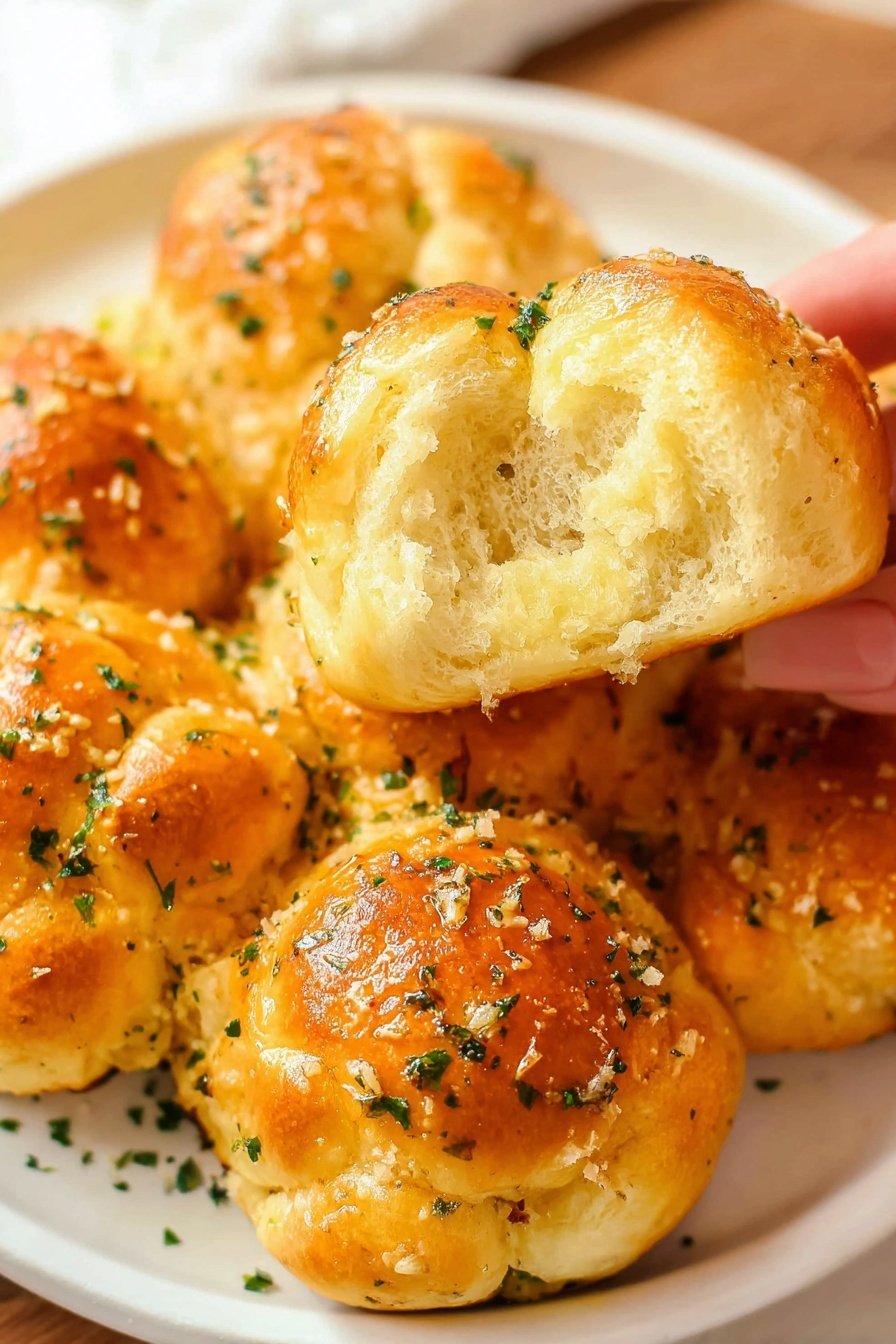 The image shows a close-up of golden brown dinner rolls with a soft, fluffy texture inside. The rolls are round and slightly knotted on top, with a shiny, lightly glazed crust sprinkled with small bits of green herbs and grated cheese. One roll is held by a woman's hand above a white plate that holds several more rolls. The background is a white marbled surface. photo taken with an iphone --ar 2:3 --v 7