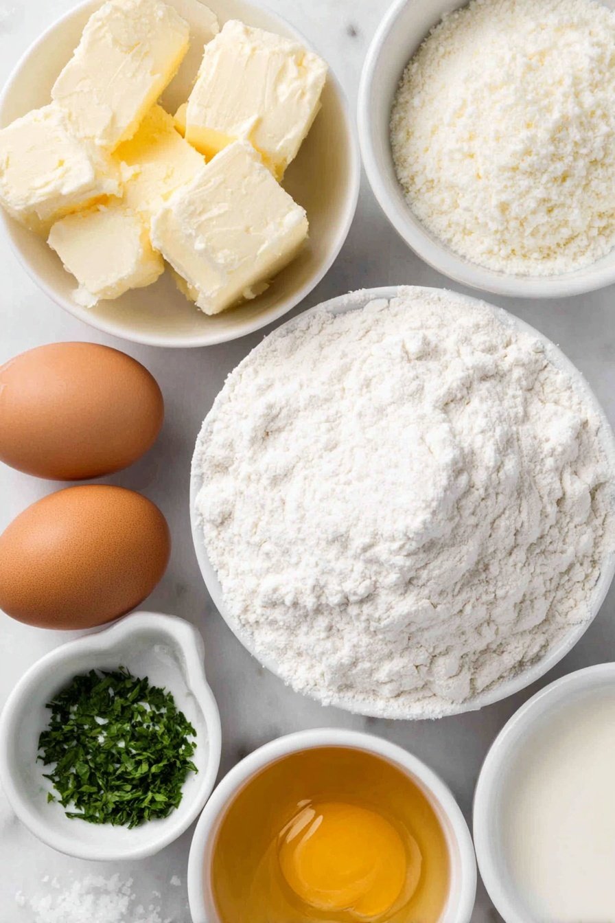 Flat lay of a small mound of fine white all-purpose flour, two brown eggs with clean uncracked shells, a small white ceramic bowl of warm honey, a small white ceramic bowl with melted golden butter, a small white ceramic bowl of fresh pale milk, a small white ceramic bowl of active dry yeast granules, a few sprigs of finely chopped fresh green parsley, a small white ceramic bowl of flaky sea salt crystals, a small white ceramic bowl of freshly grated Parmesan cheese, and a small white ceramic bowl of pale garlic powder, placed on a clean white marble surface, soft natural light, photo taken with an iPhone, professional food photography style, fresh ingredients, white ceramic bowls, no bottles, no duplicates, no utensils, no packaging --ar 2:3 --v 7 --p m7354615311229779997